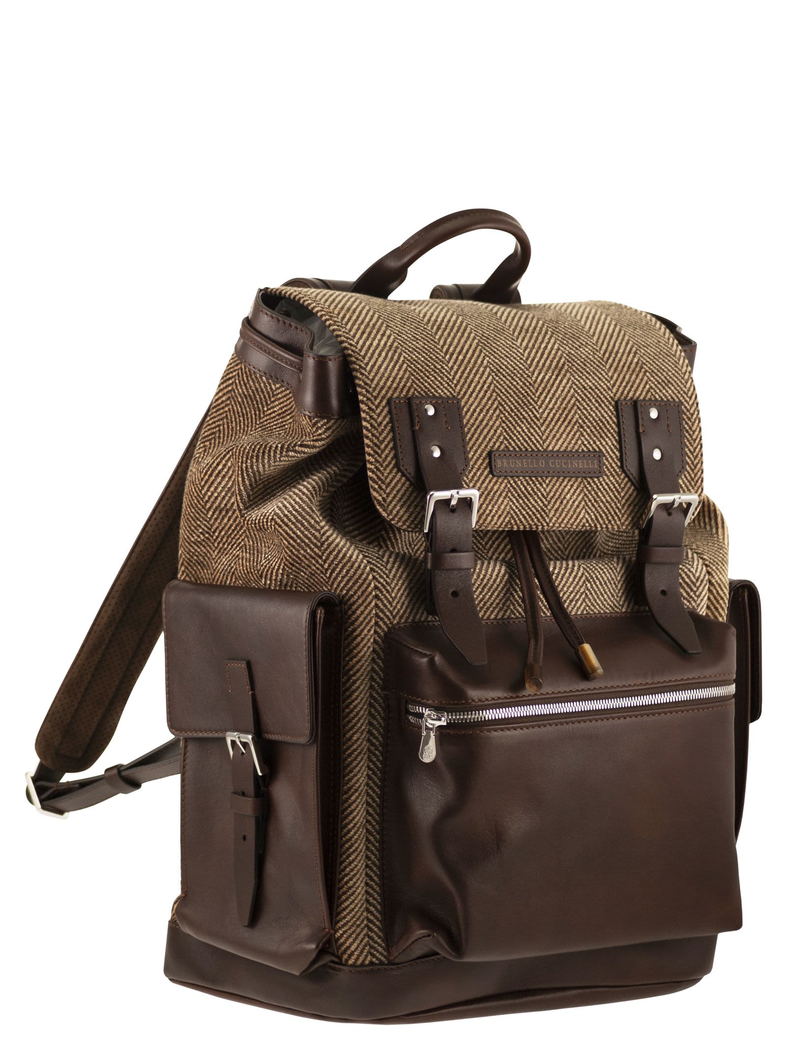 Brunello Cucinelli Men Herringbone-Texture Backpack With Leather Trims BRUNELLO CUCINELLI