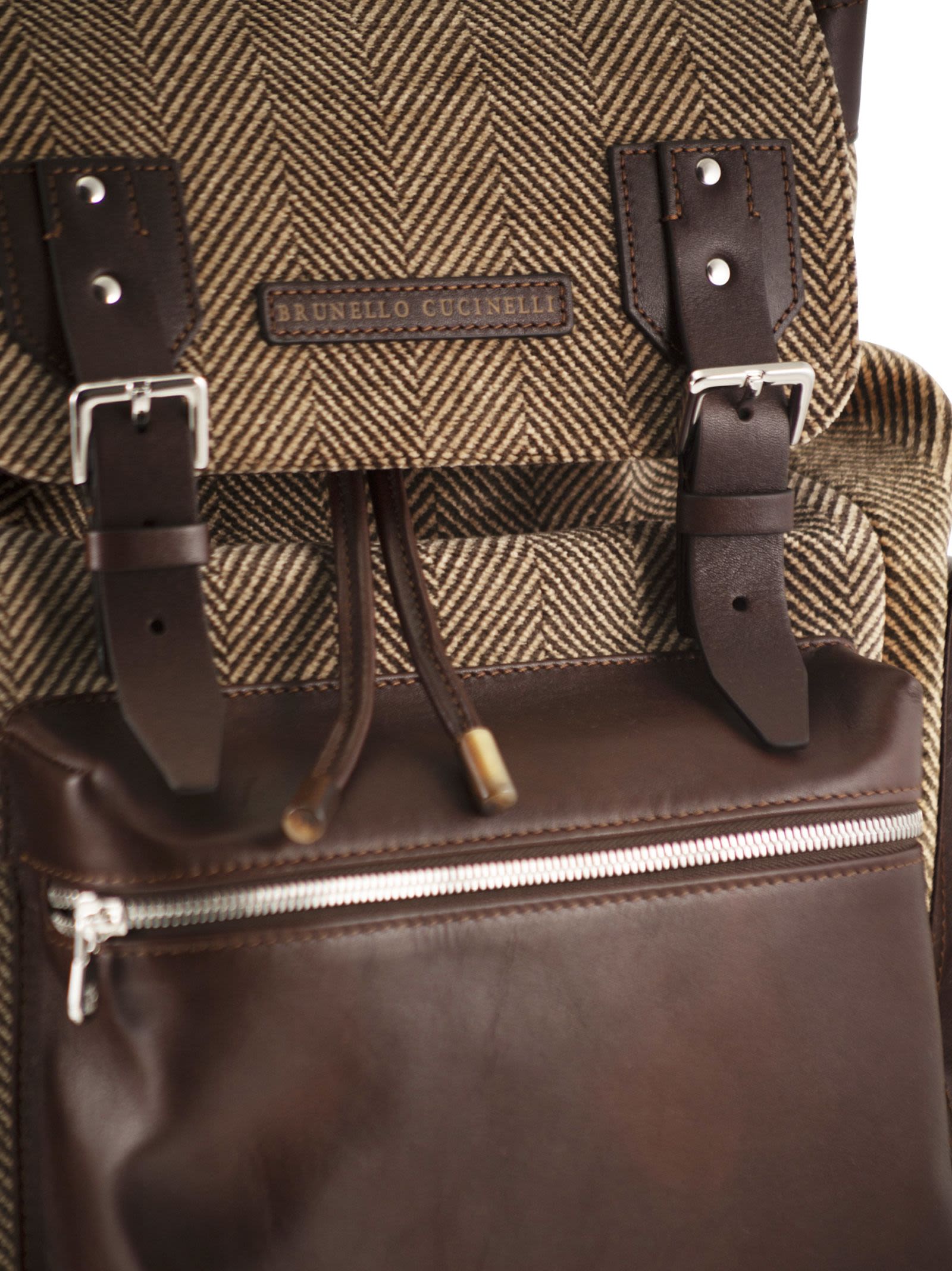 Brunello Cucinelli Men Herringbone-Texture Backpack With Leather Trims BRUNELLO CUCINELLI