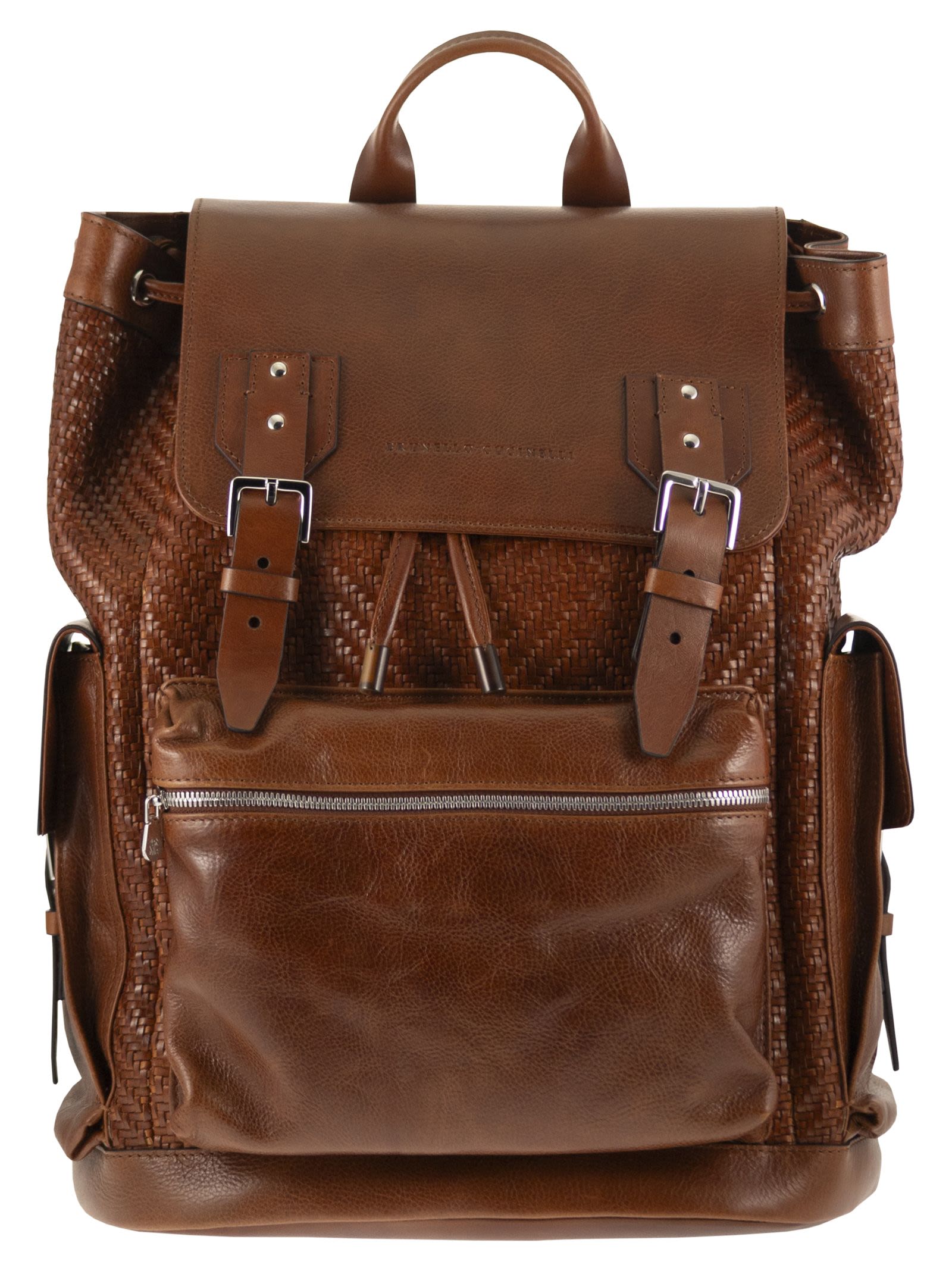 Brunello Cucinelli Men City Backpack In Woven Calfskin And Cowhide Leather BRUNELLO CUCINELLI