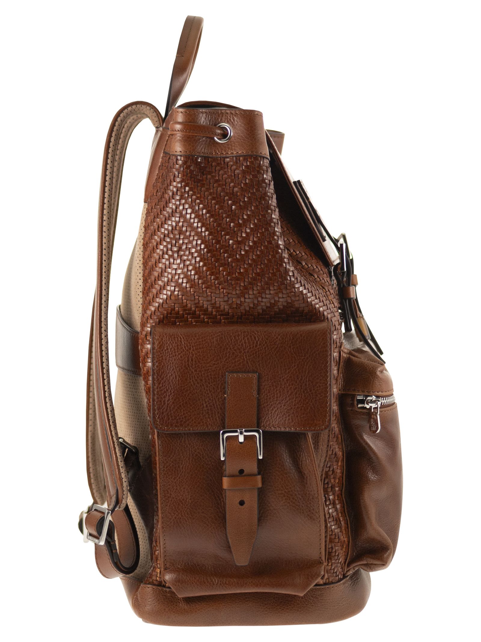 Brunello Cucinelli Men City Backpack In Woven Calfskin And Cowhide Leather BRUNELLO CUCINELLI