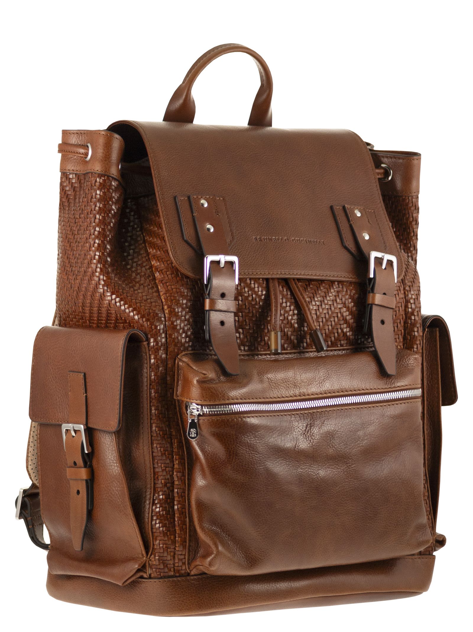 Brunello Cucinelli Men City Backpack In Woven Calfskin And Cowhide Leather BRUNELLO CUCINELLI