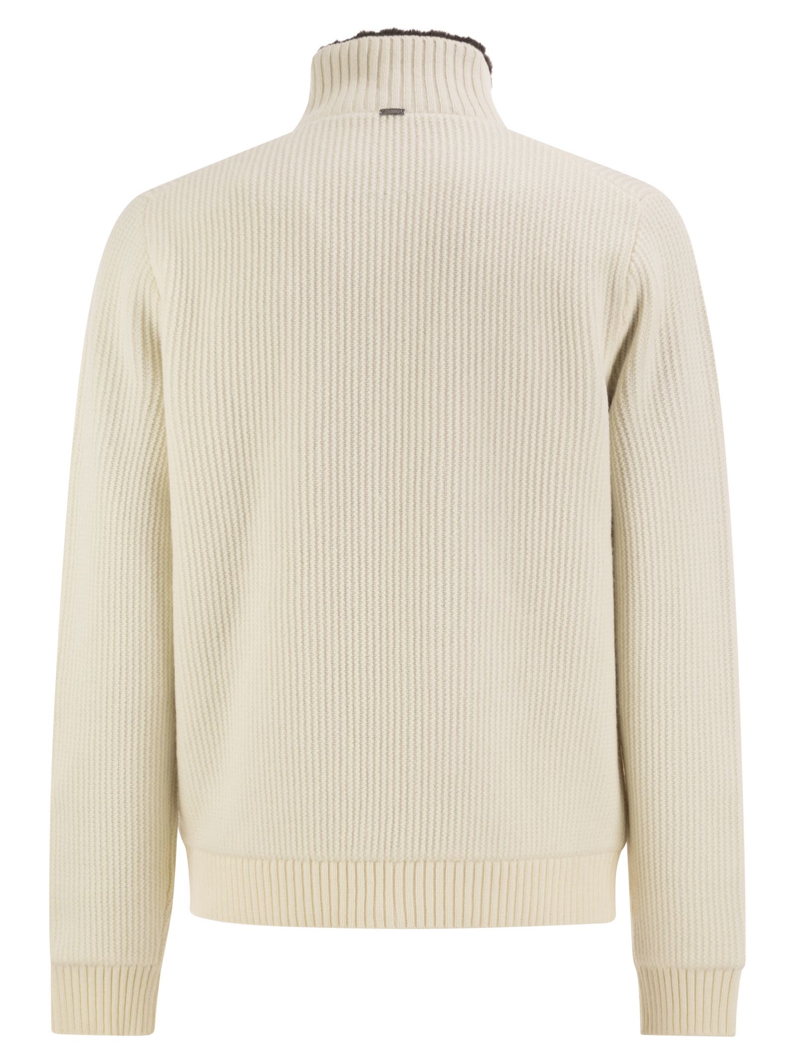 Herno Men Pure Wool Knit Jacket With High Collar And Faux Fur Lining HERNO