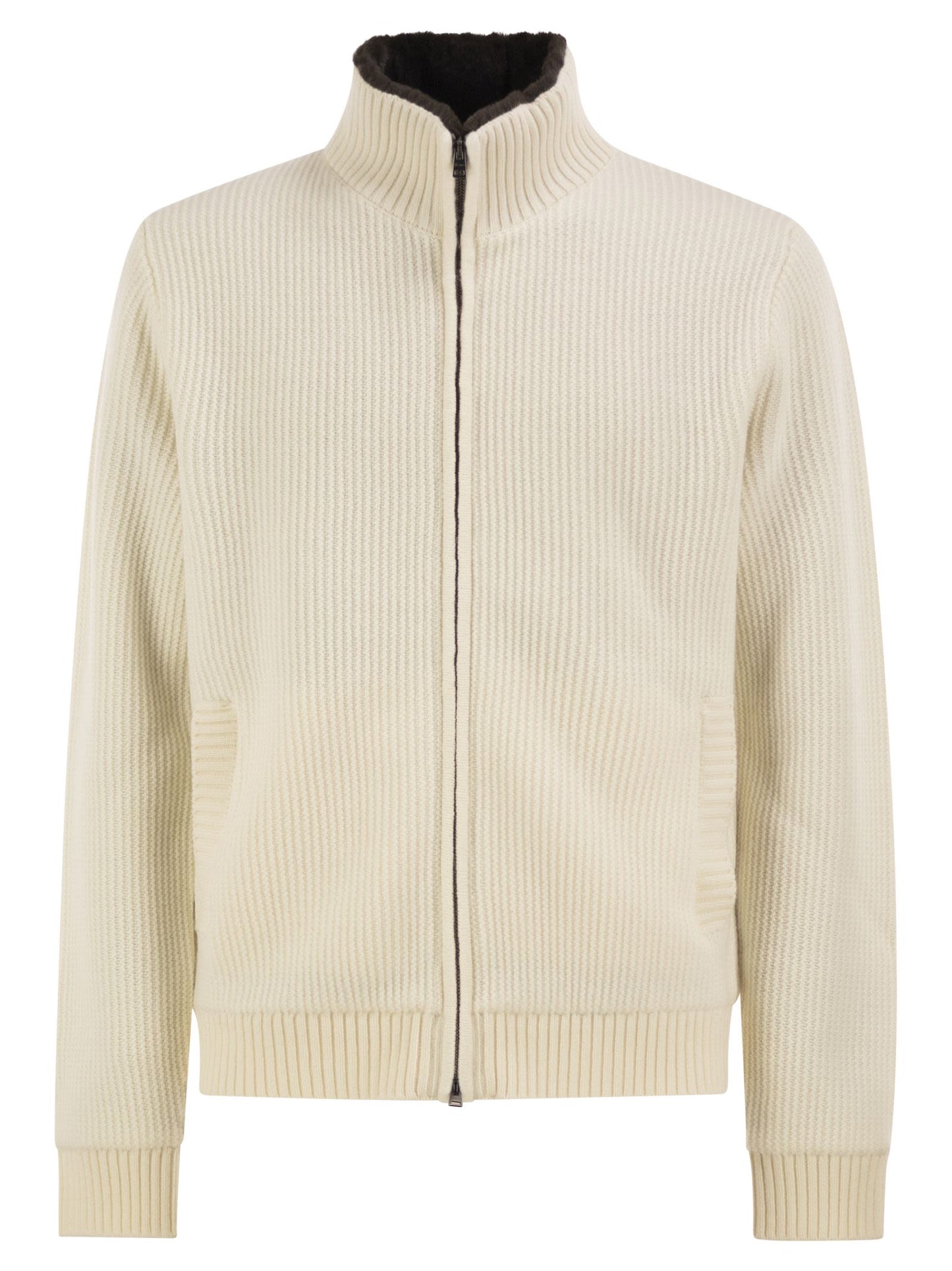Herno Men Pure Wool Knit Jacket With High Collar And Faux Fur Lining HERNO