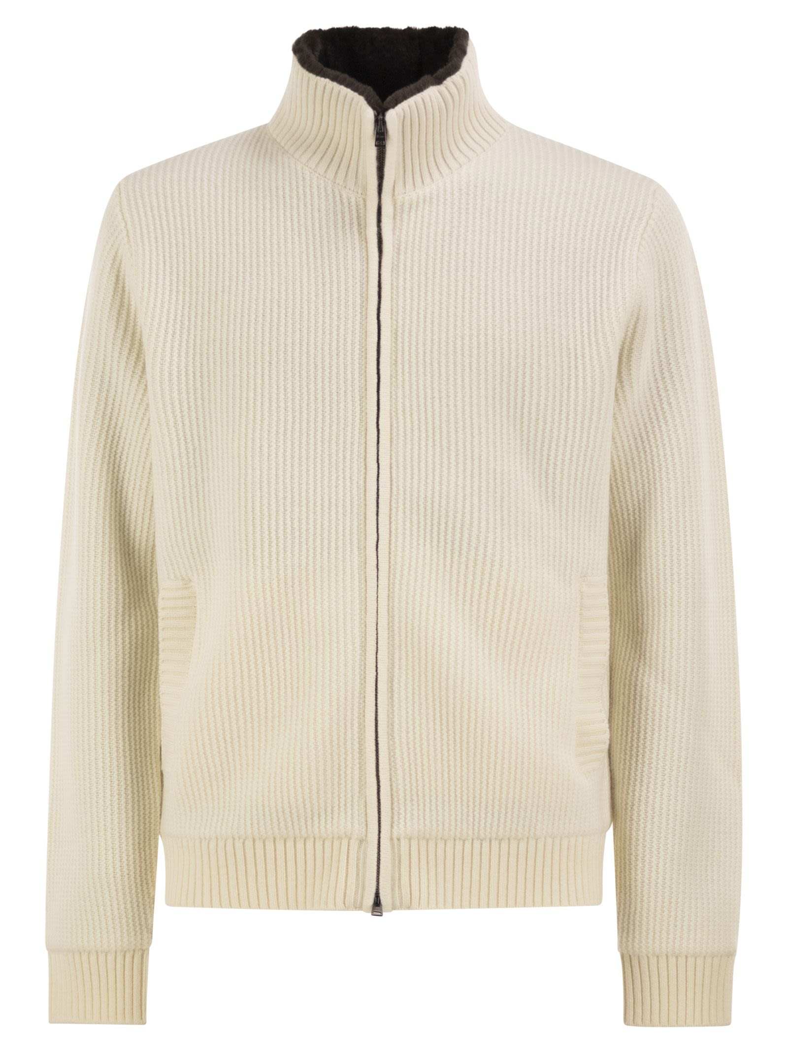 Herno Men Pure Wool Knit Jacket With High Collar And Faux Fur Lining HERNO