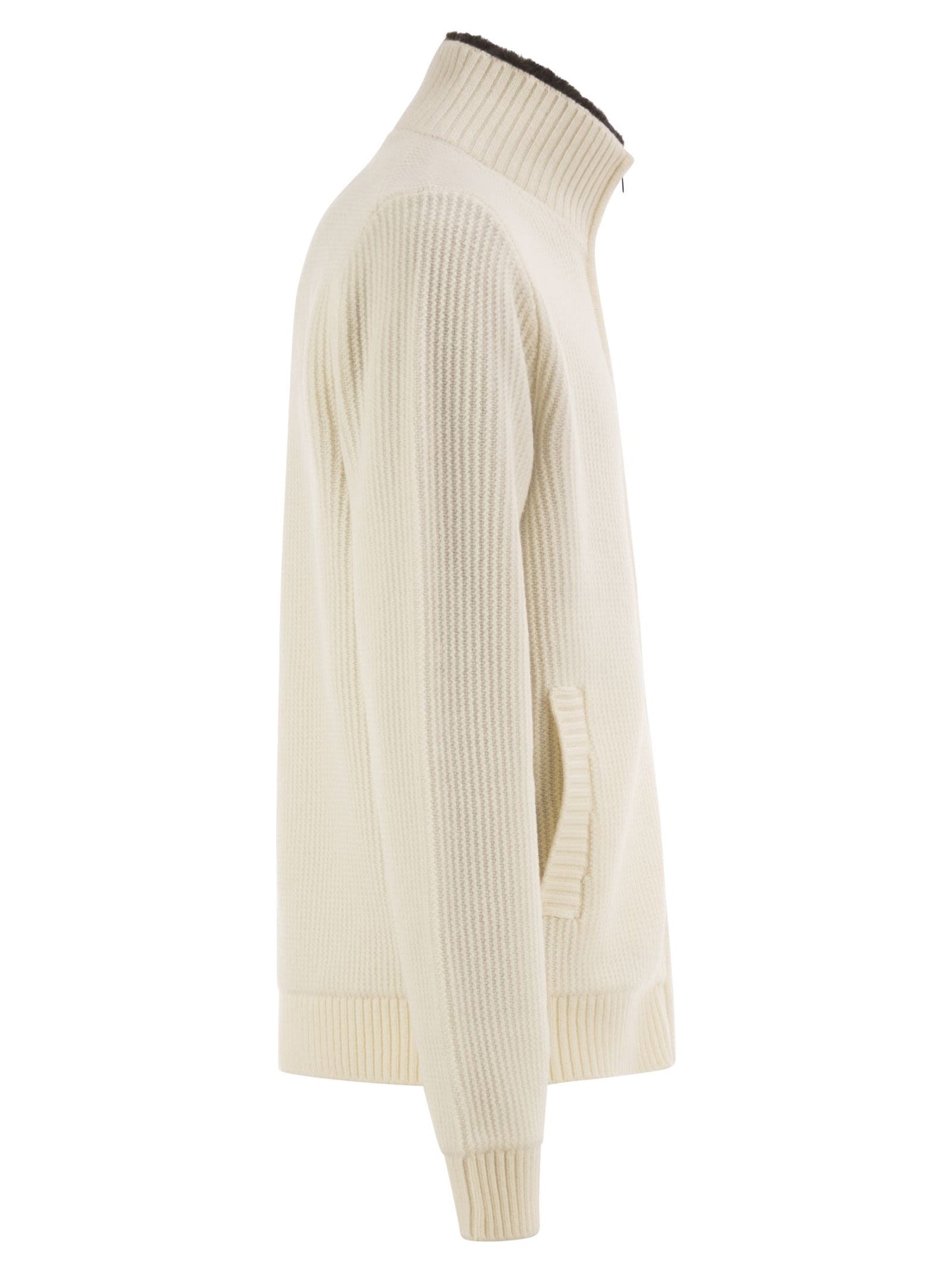 Herno Men Pure Wool Knit Jacket With High Collar And Faux Fur Lining HERNO