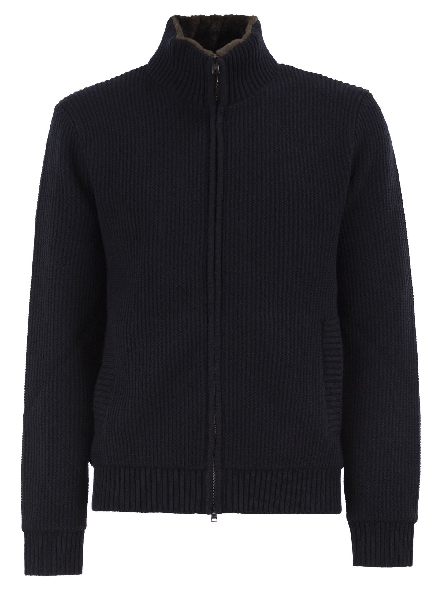 Herno Men Pure Wool Knit Jacket With High Collar And Faux Fur Lining HERNO