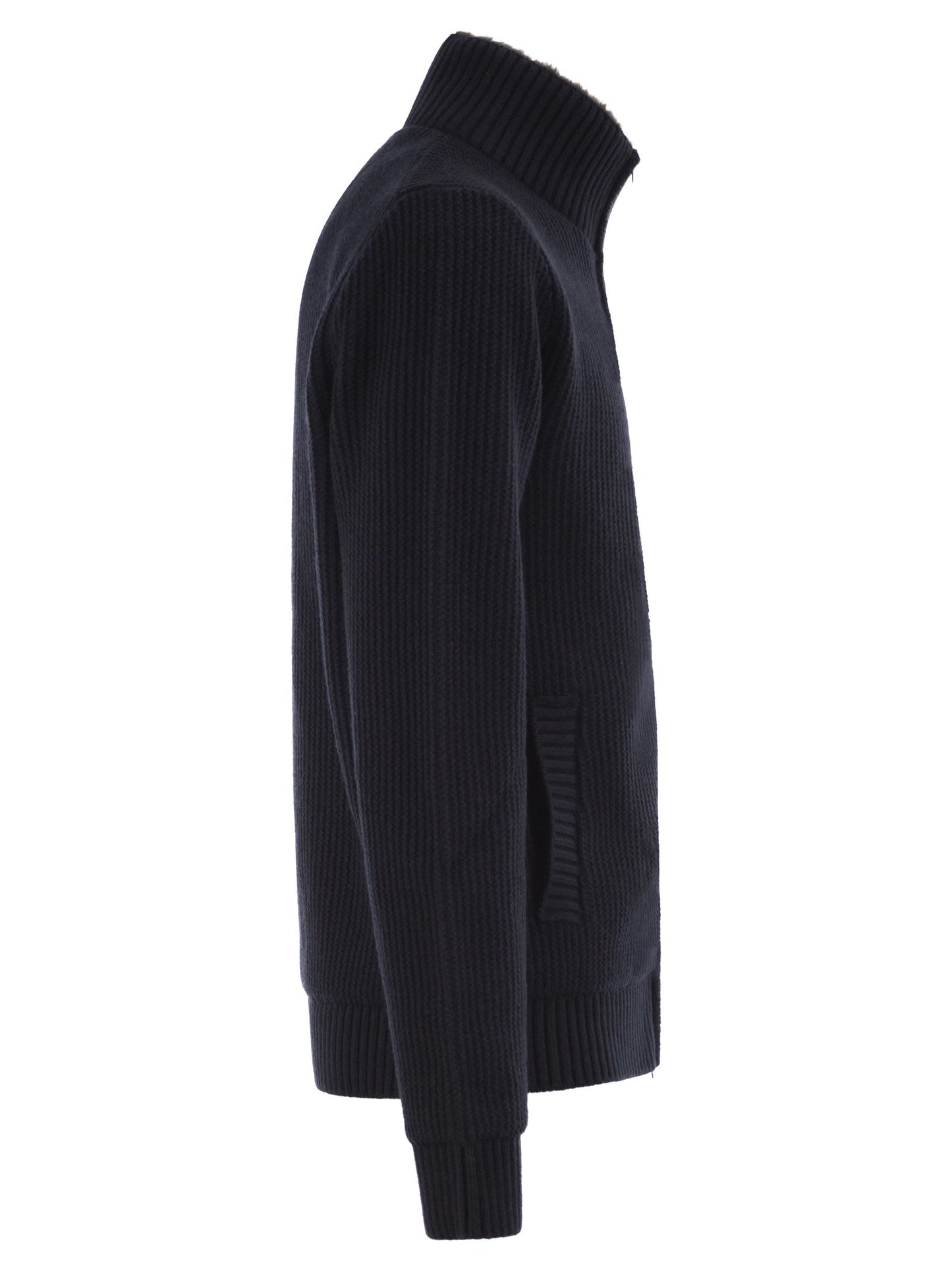 Herno Men Pure Wool Knit Jacket With High Collar And Faux Fur Lining HERNO