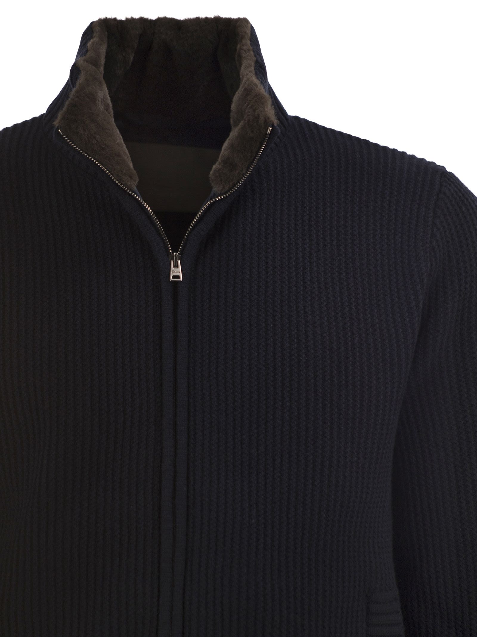 Herno Men Pure Wool Knit Jacket With High Collar And Faux Fur Lining HERNO