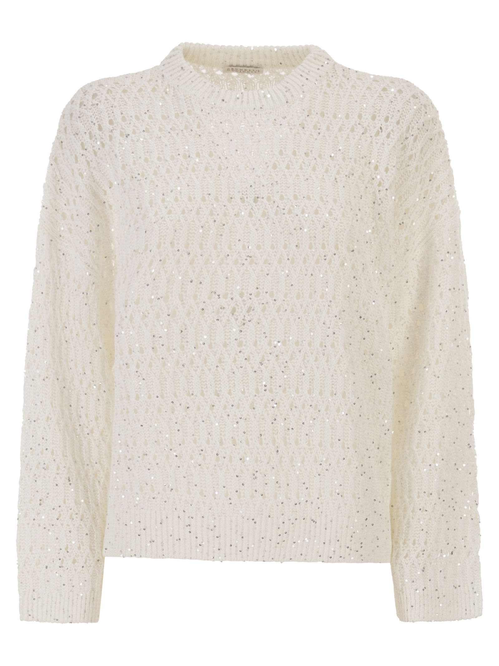 Brunello Cucinelli Women Linen Openwork Crew Neck Jumper With Sequins BRUNELLO CUCINELLI