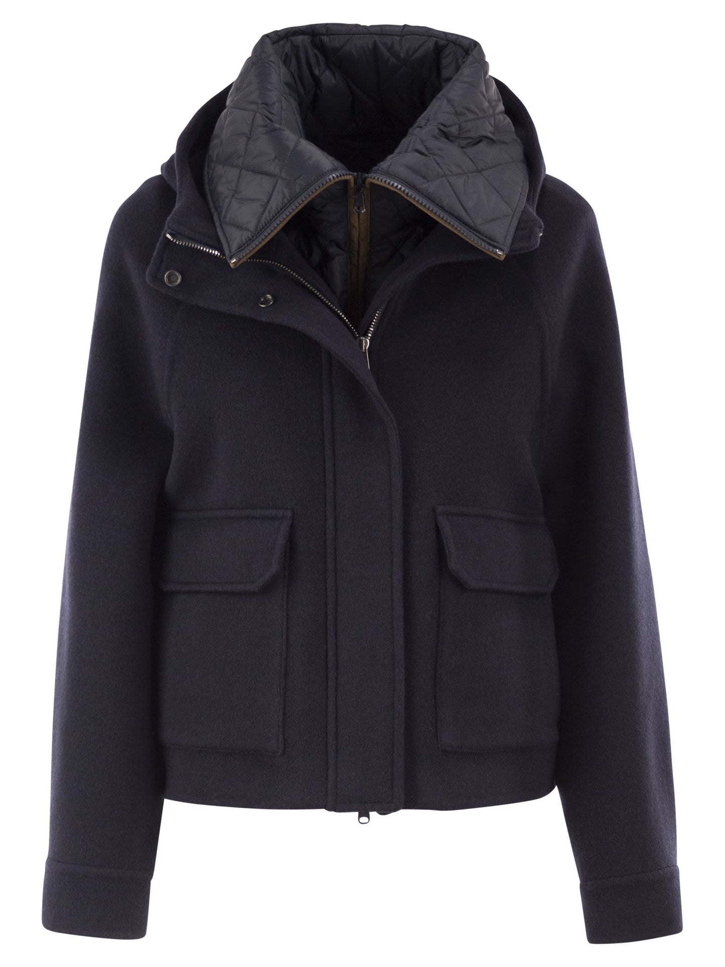 Brunello Cucinelli Women Wool And Cashmere Hooded Jacket With Detachable Quilted Bib