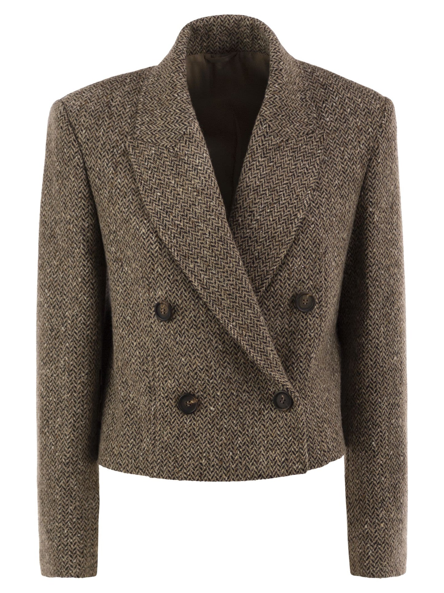 Brunello Cucinelli Women Double-Breasted Herringbone Blazer With Subtle Shimmer