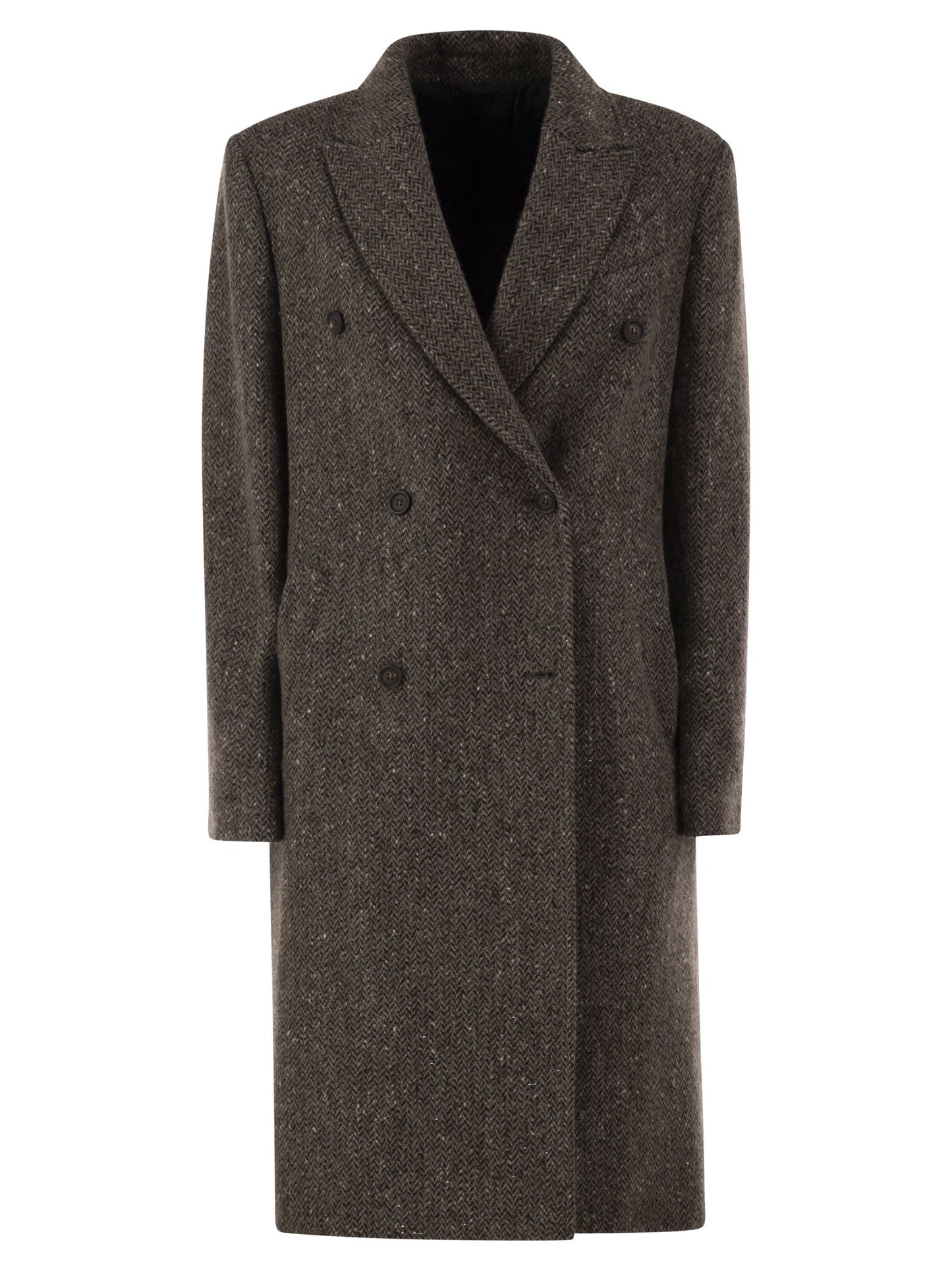 Brunello Cucinelli Women Double-Breasted Herringbone Tweed Coat With Sequins BRUNELLO CUCINELLI