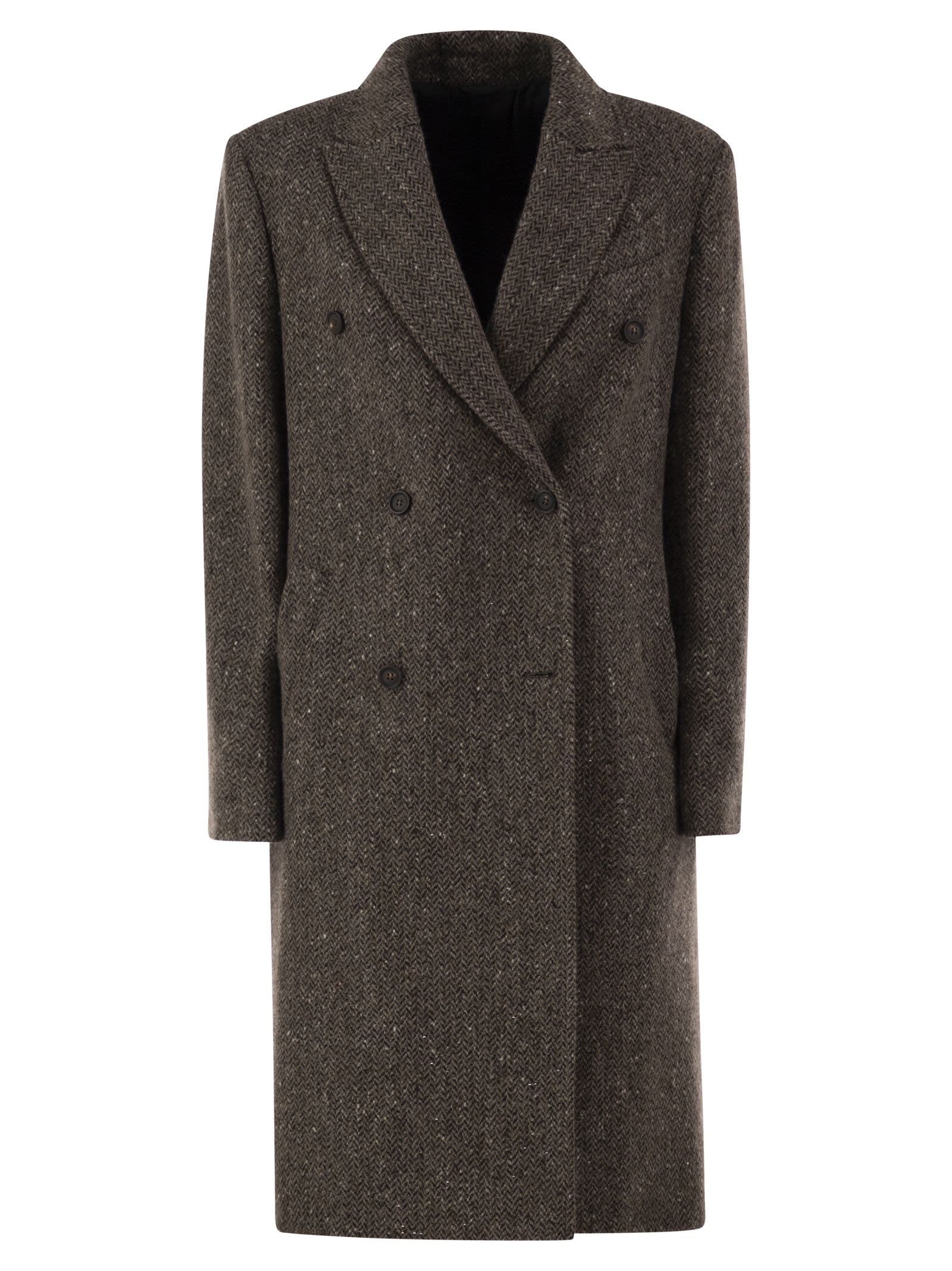 Brunello Cucinelli Women Double-Breasted Herringbone Tweed Coat With Sequins BRUNELLO CUCINELLI