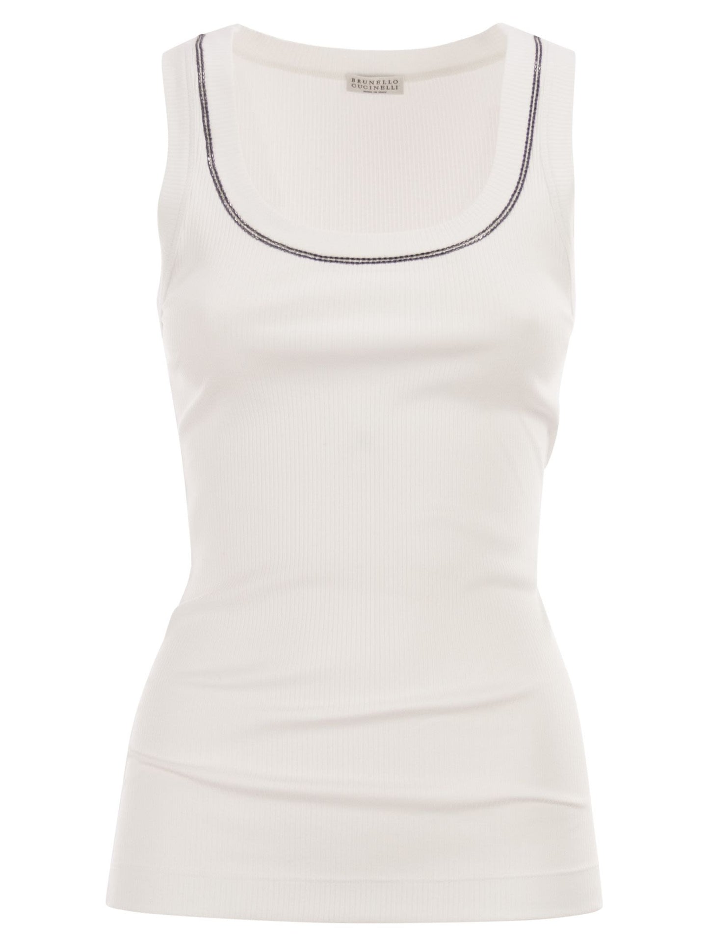 Brunello Cucinelli Women Sleeveless Ribbed Top In Stretch Cotton With Jewelled Trim BRUNELLO CUCINELLI