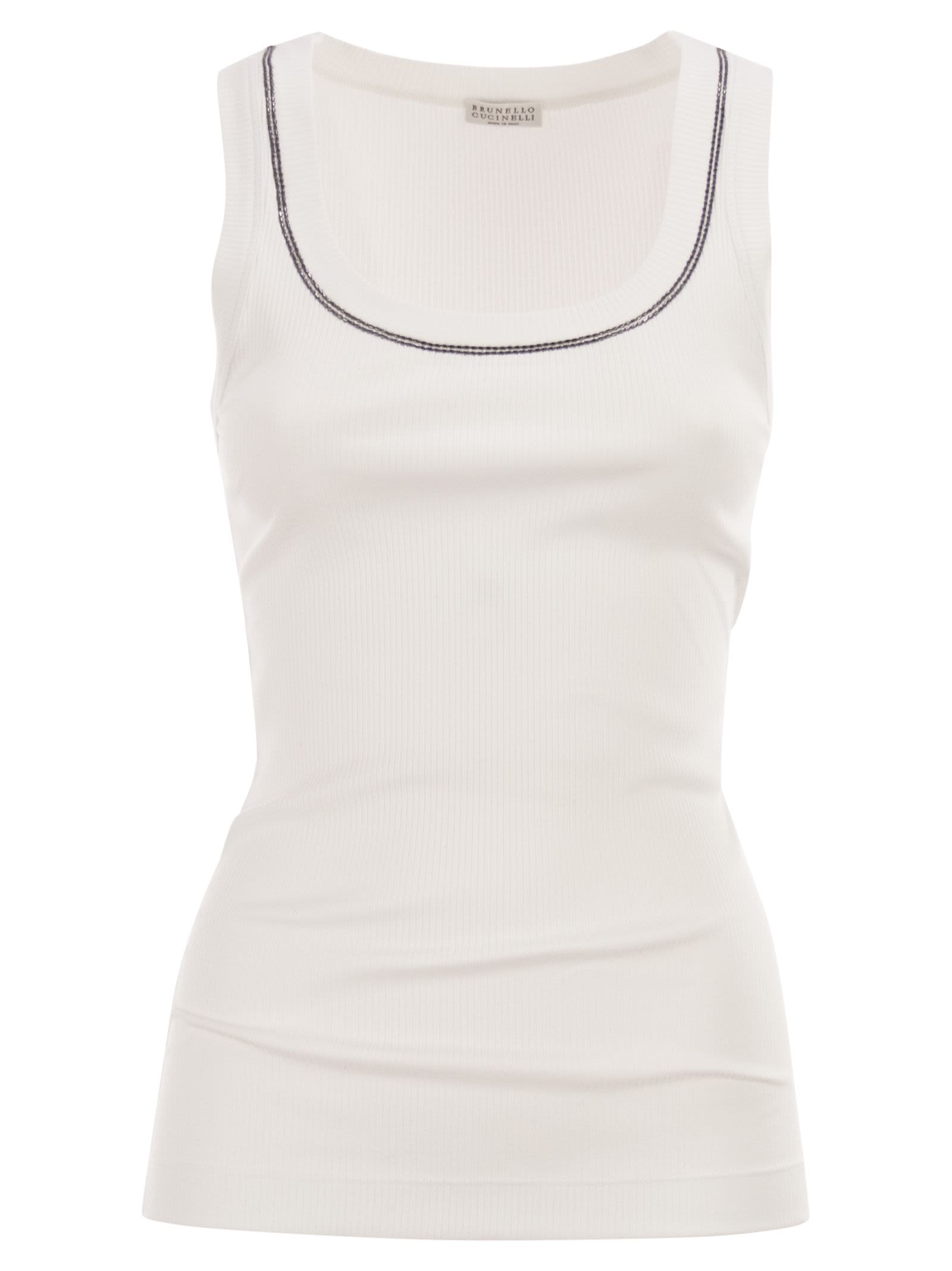 Brunello Cucinelli Women Sleeveless Ribbed Top In Stretch Cotton With Jewelled Trim BRUNELLO CUCINELLI