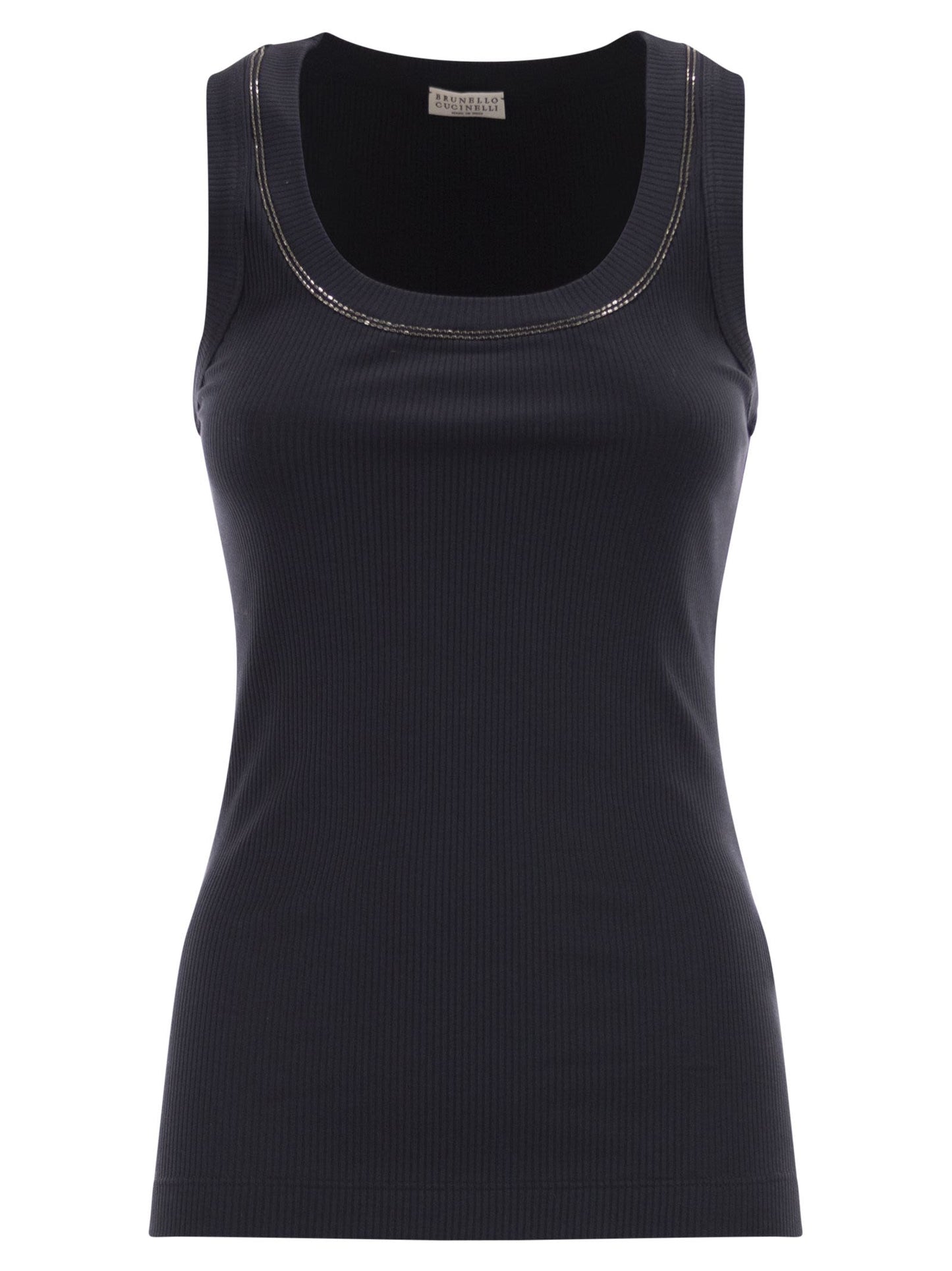 Brunello Cucinelli Women Sleeveless Ribbed Top In Stretch Cotton With Jewelled Trim BRUNELLO CUCINELLI