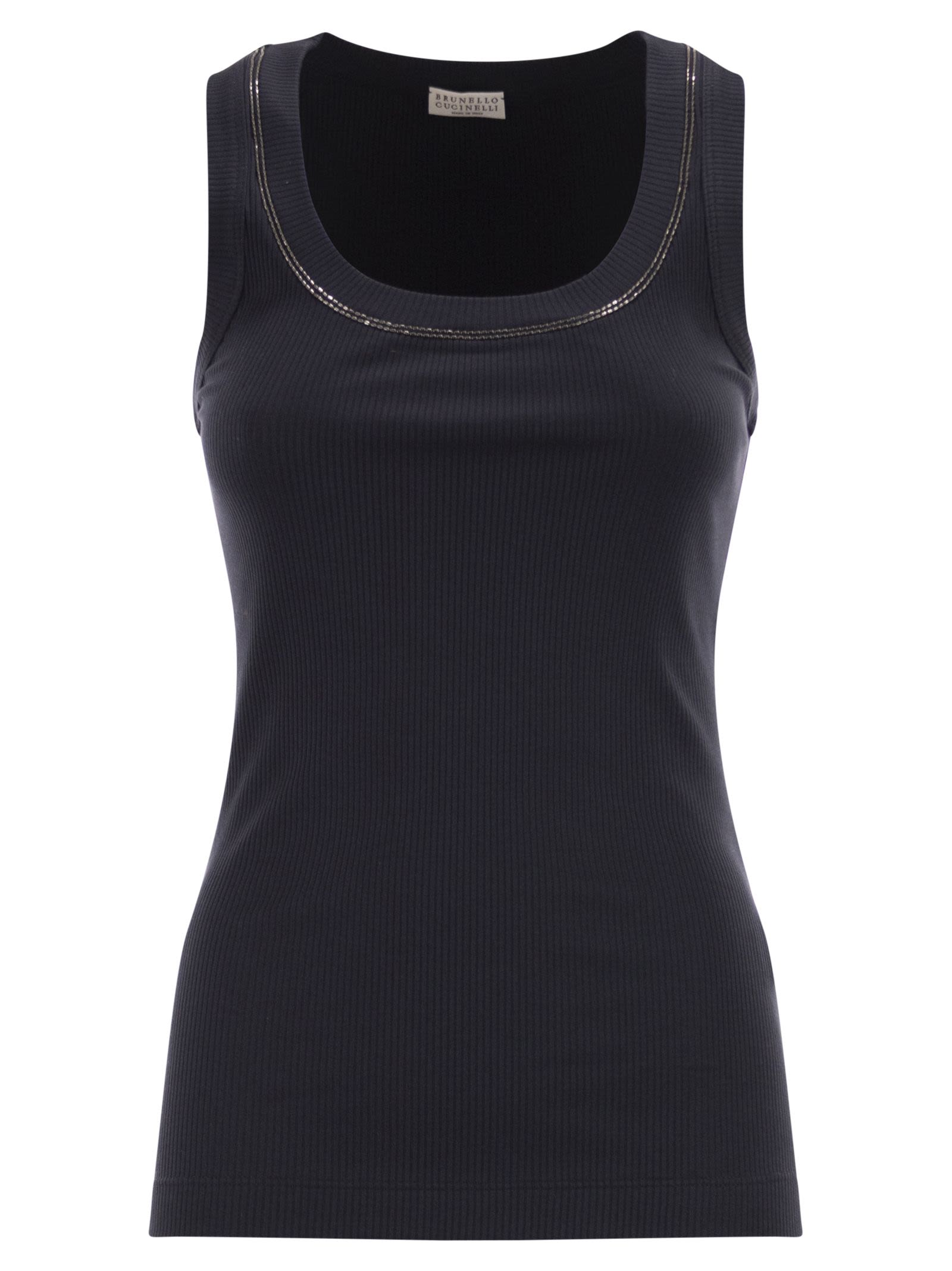 Brunello Cucinelli Women Sleeveless Ribbed Top In Stretch Cotton With Jewelled Trim BRUNELLO CUCINELLI