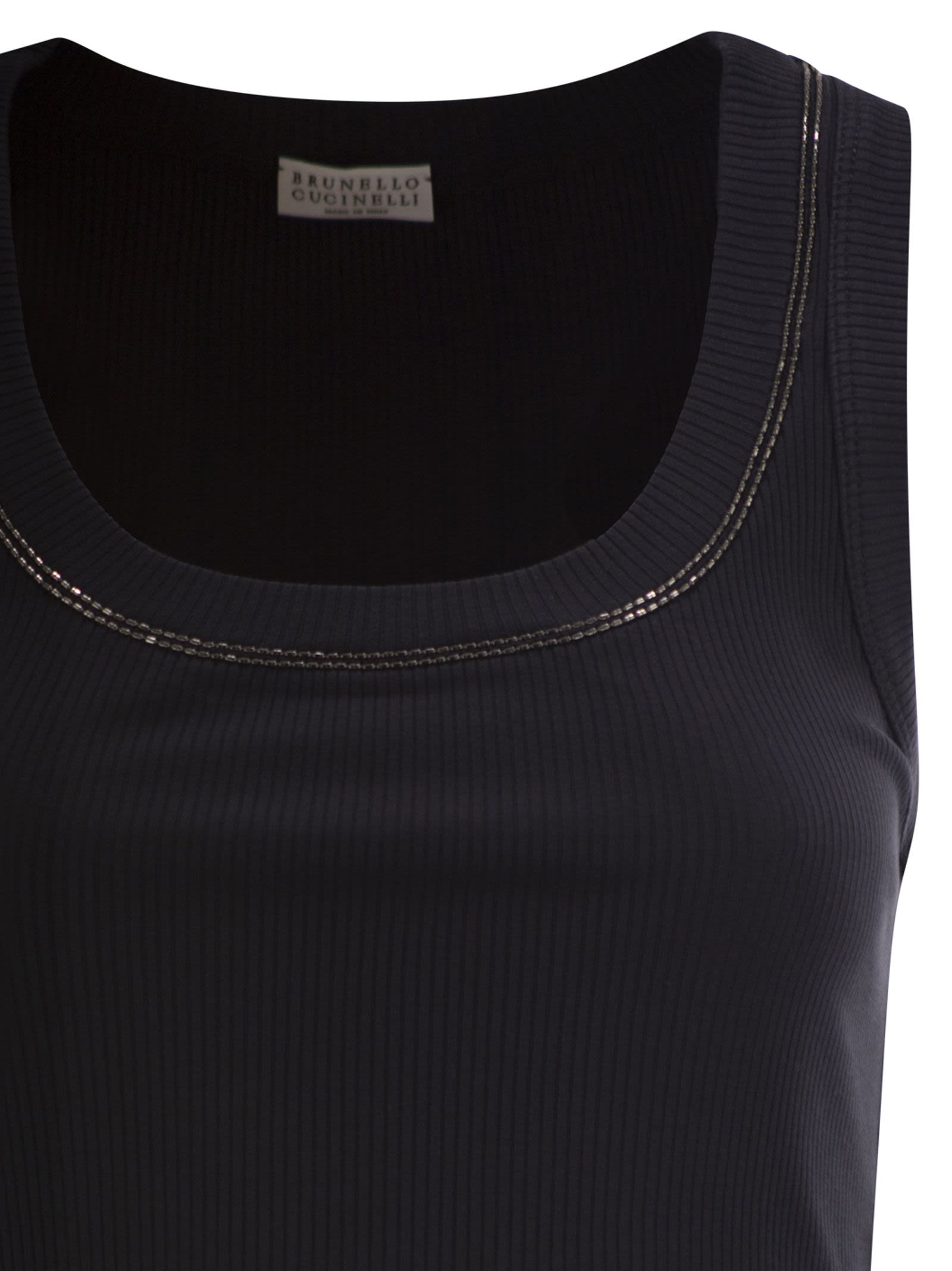 Brunello Cucinelli Women Sleeveless Ribbed Top In Stretch Cotton With Jewelled Trim BRUNELLO CUCINELLI