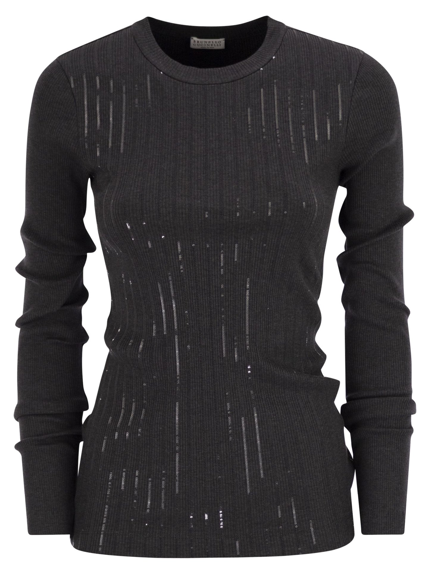 Brunello Cucinelli Women Cotton Jersey T-Shirt With Dazzling Chalk Stripe Embroidery BRUNELLO CUCINELLI