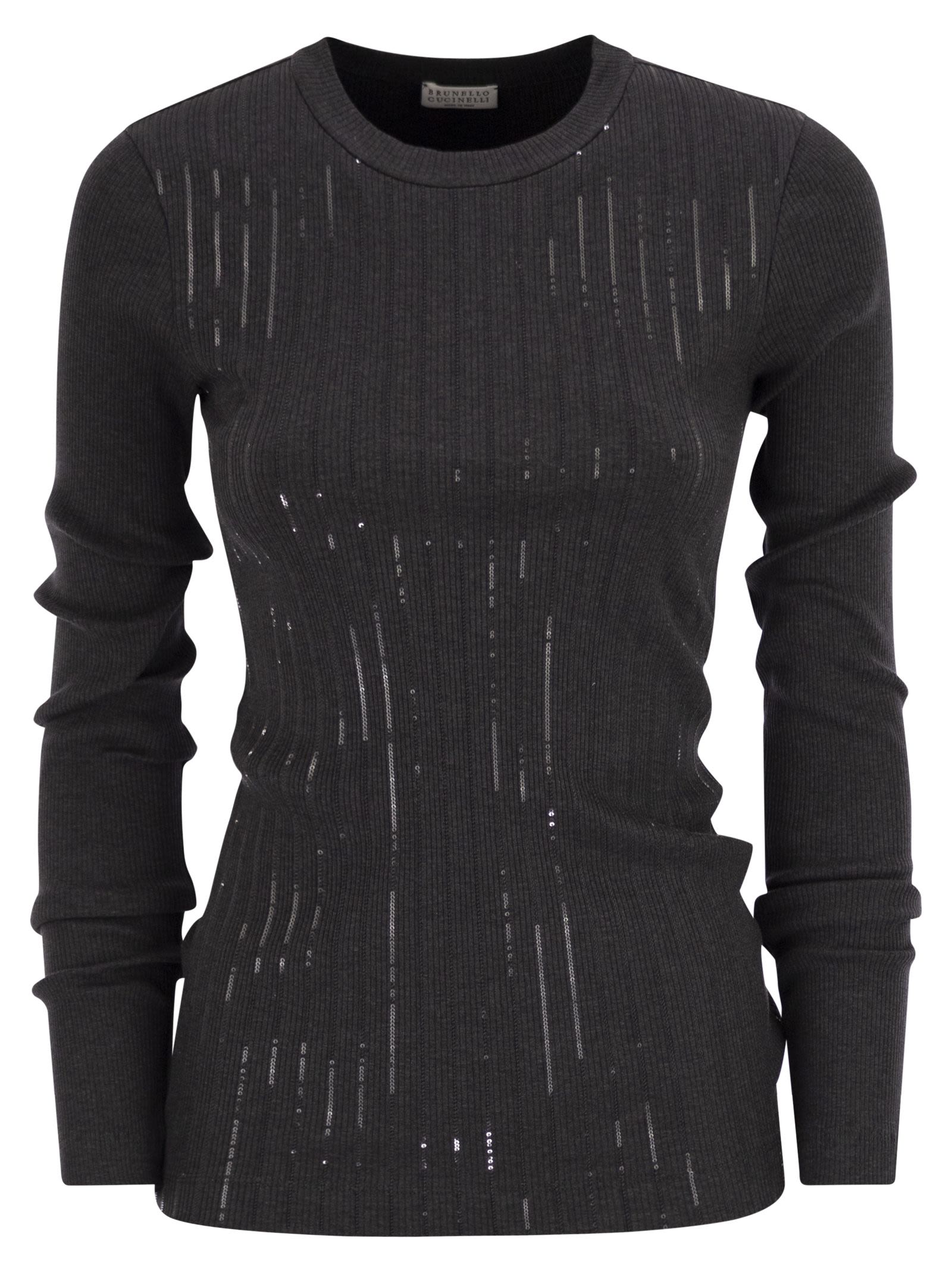 Brunello Cucinelli Women Cotton Jersey T-Shirt With Dazzling Chalk Stripe Embroidery BRUNELLO CUCINELLI
