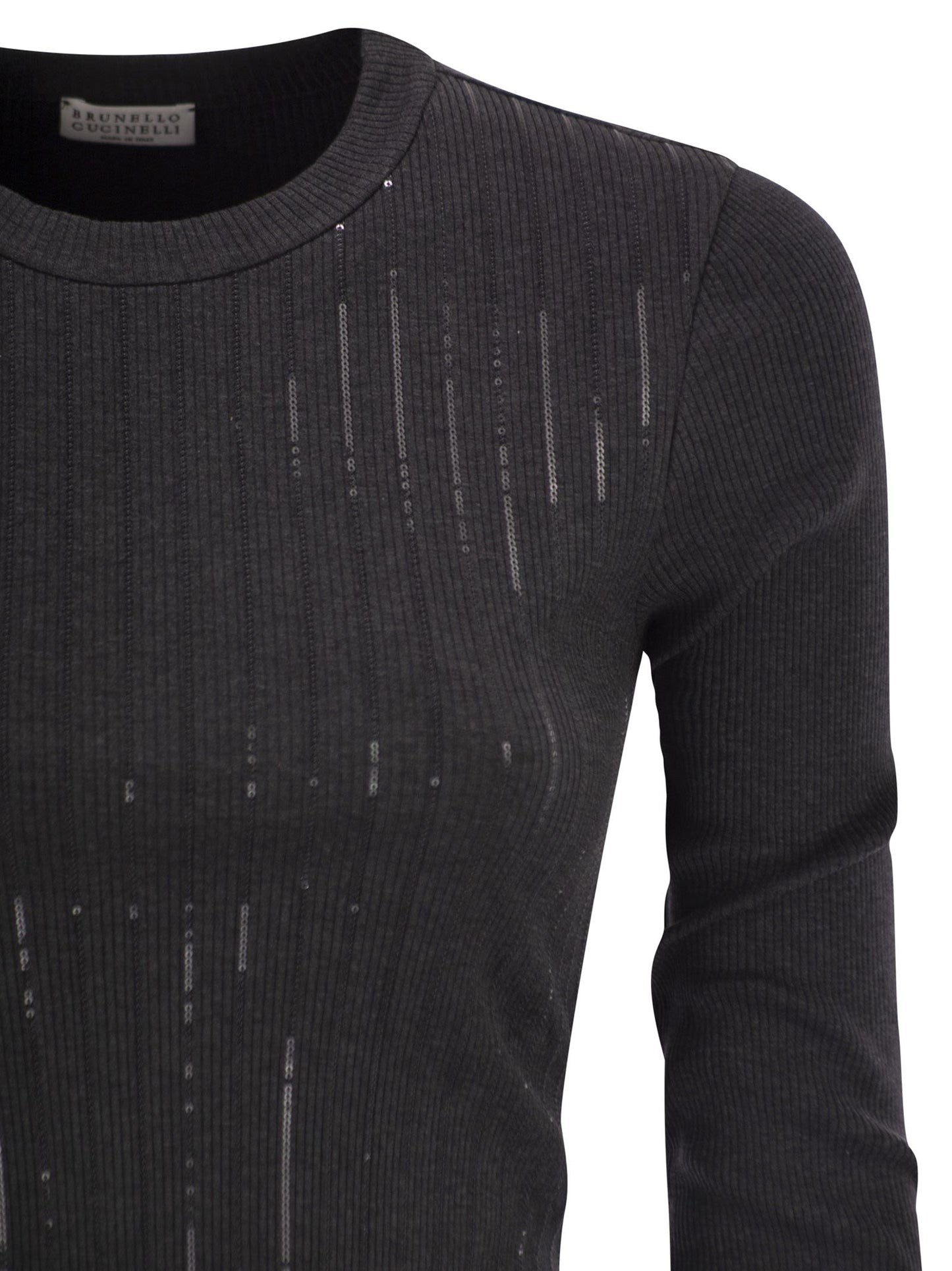 Brunello Cucinelli Women Cotton Jersey T-Shirt With Dazzling Chalk Stripe Embroidery BRUNELLO CUCINELLI