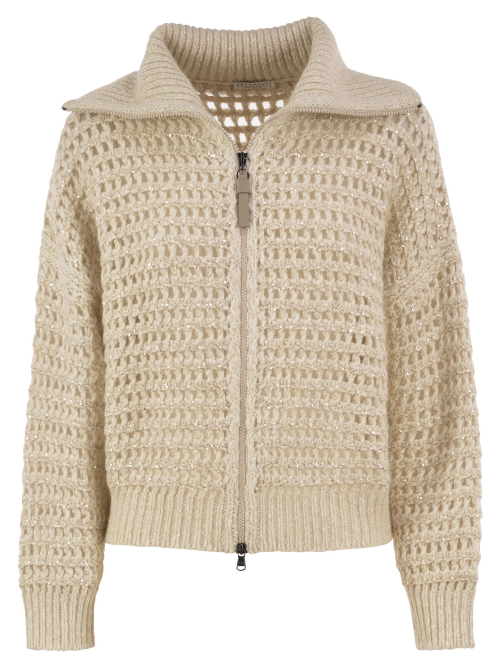 Brunello Cucinelli Women Openwork Wool, Cashmere And Mohair Zip Cardigan BRUNELLO CUCINELLI