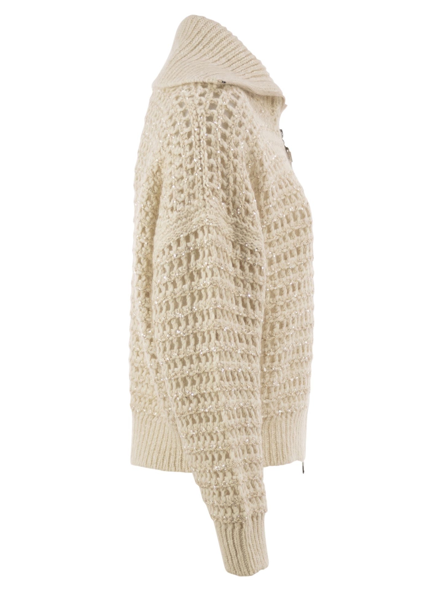 Brunello Cucinelli Women Openwork Wool, Cashmere And Mohair Zip Cardigan BRUNELLO CUCINELLI