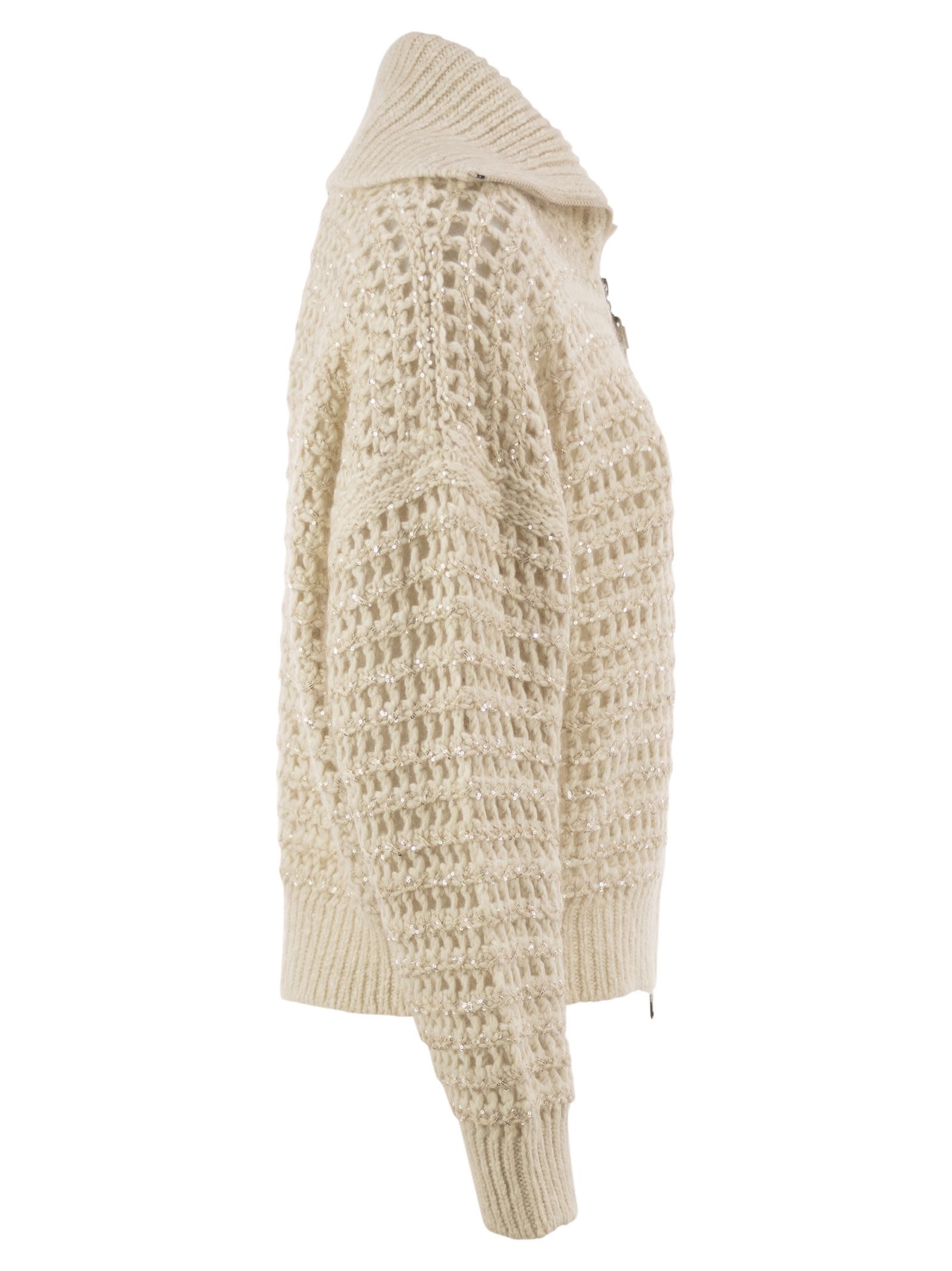 Brunello Cucinelli Women Openwork Wool, Cashmere And Mohair Zip Cardigan BRUNELLO CUCINELLI