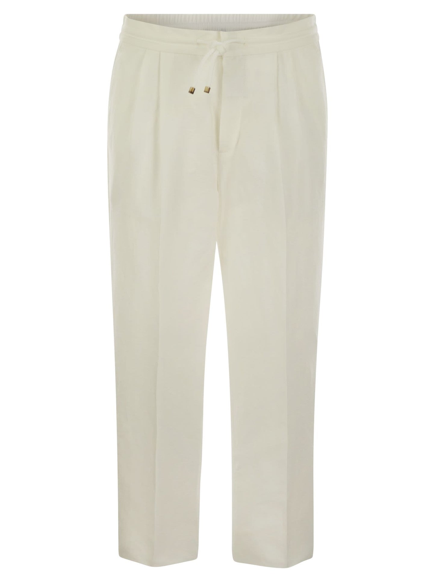 Brunello Cucinelli Men Leisure Fit Trousers In Linen And Cotton Gabardine With Drawstring And Double Darts BRUNELLO CUCINELLI