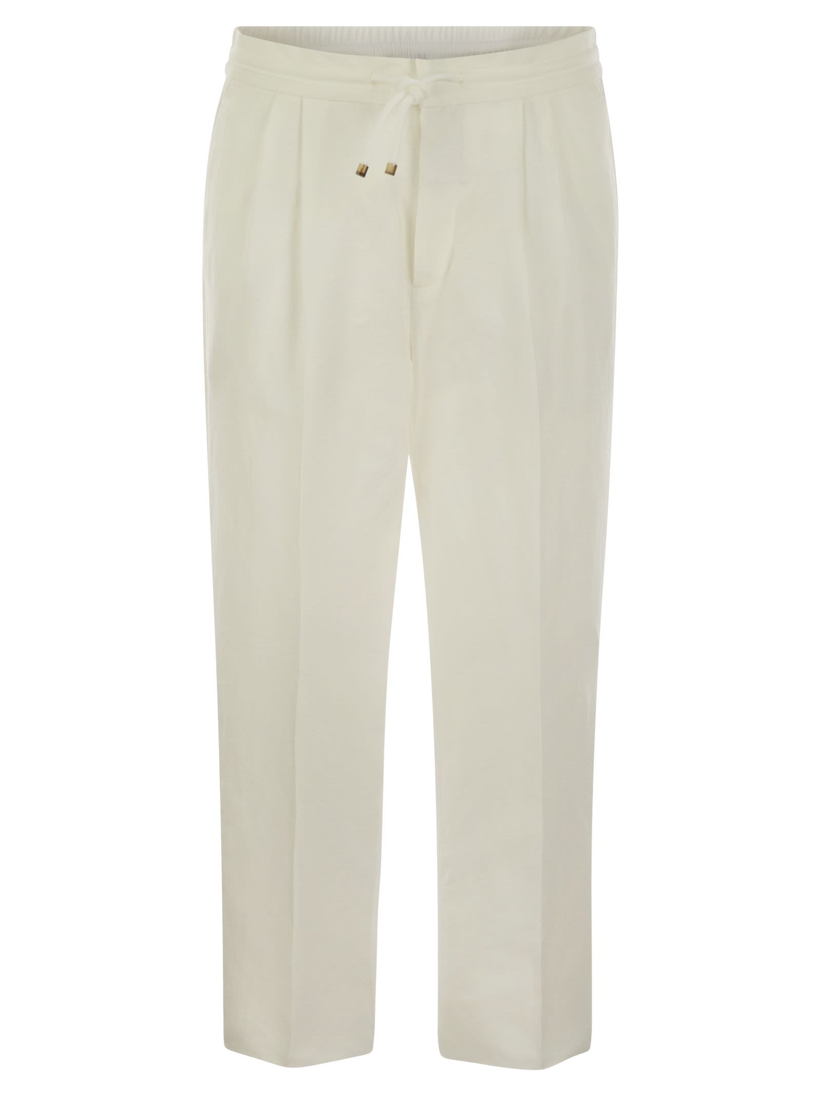 Brunello Cucinelli Men Leisure Fit Trousers In Linen And Cotton Gabardine With Drawstring And Double Darts BRUNELLO CUCINELLI