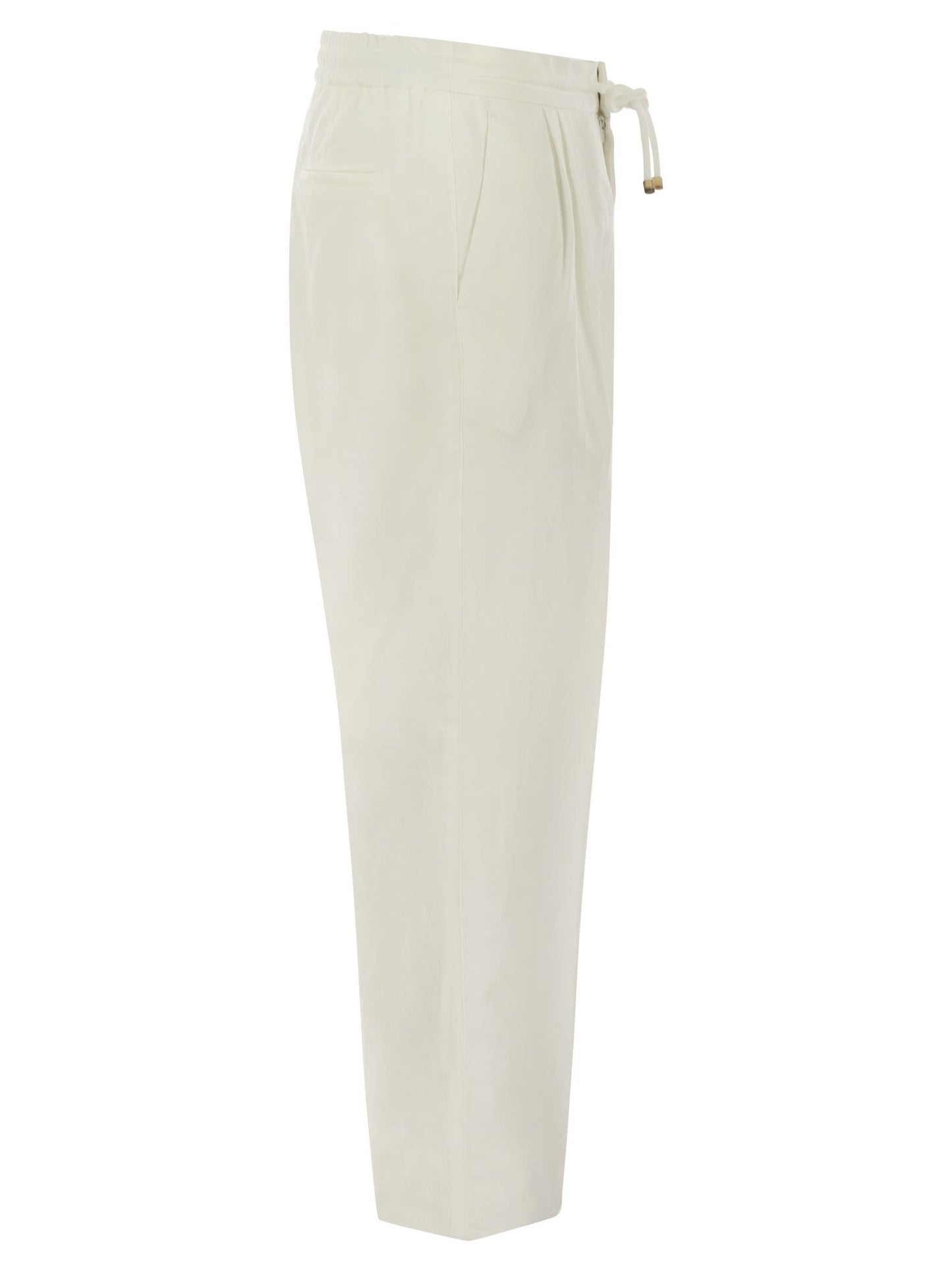 Brunello Cucinelli Men Leisure Fit Trousers In Linen And Cotton Gabardine With Drawstring And Double Darts BRUNELLO CUCINELLI