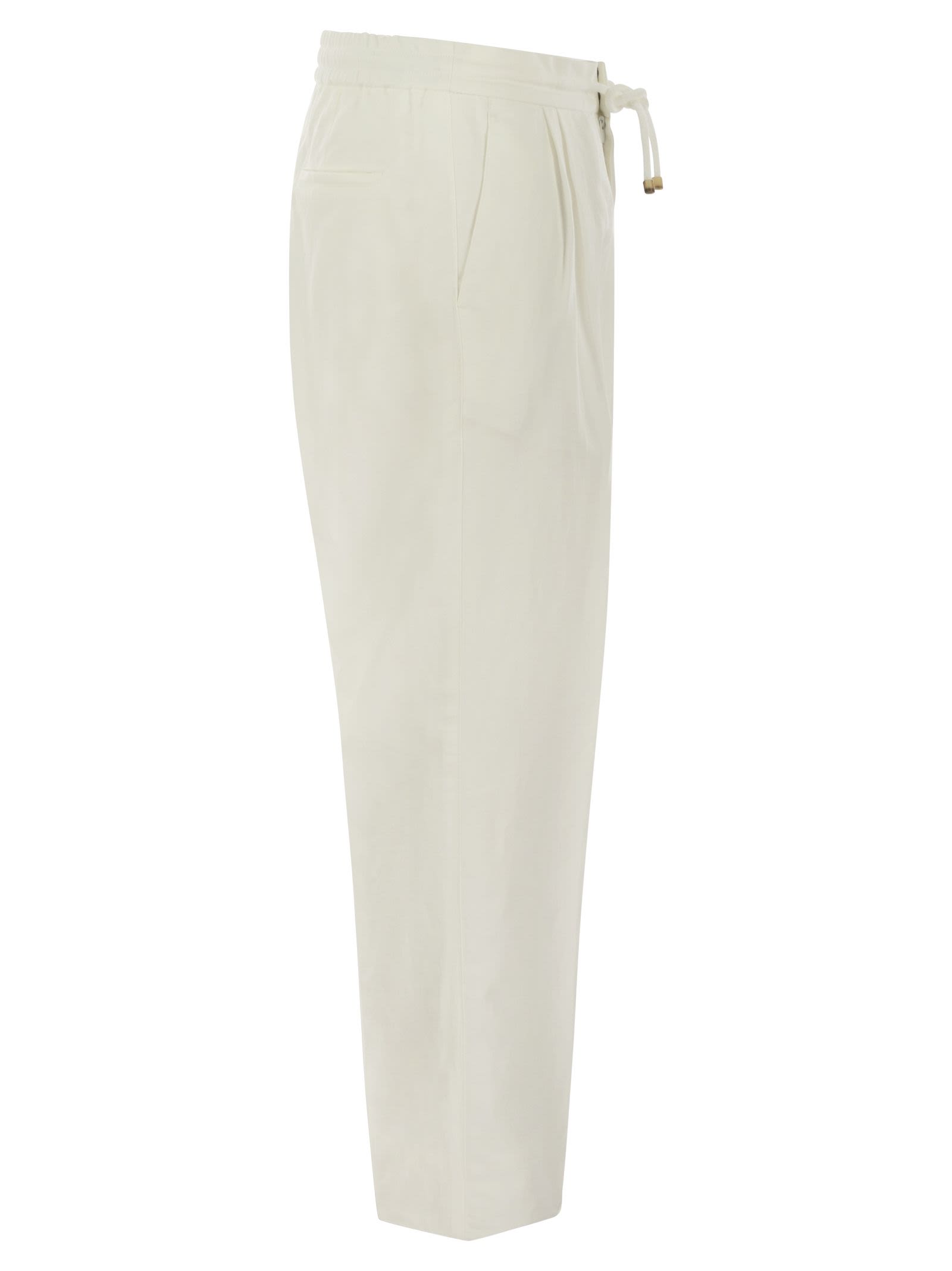 Brunello Cucinelli Men Leisure Fit Trousers In Linen And Cotton Gabardine With Drawstring And Double Darts BRUNELLO CUCINELLI