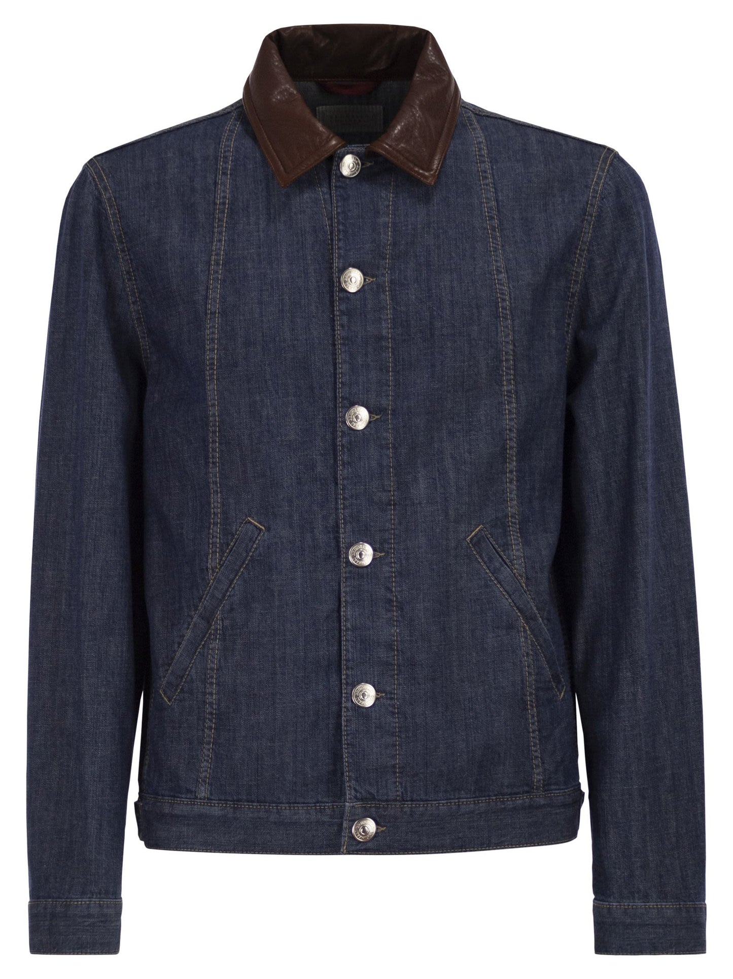 Brunello Cucinelli Men Lightweight Denim Jacket With Leather Collar BRUNELLO CUCINELLI