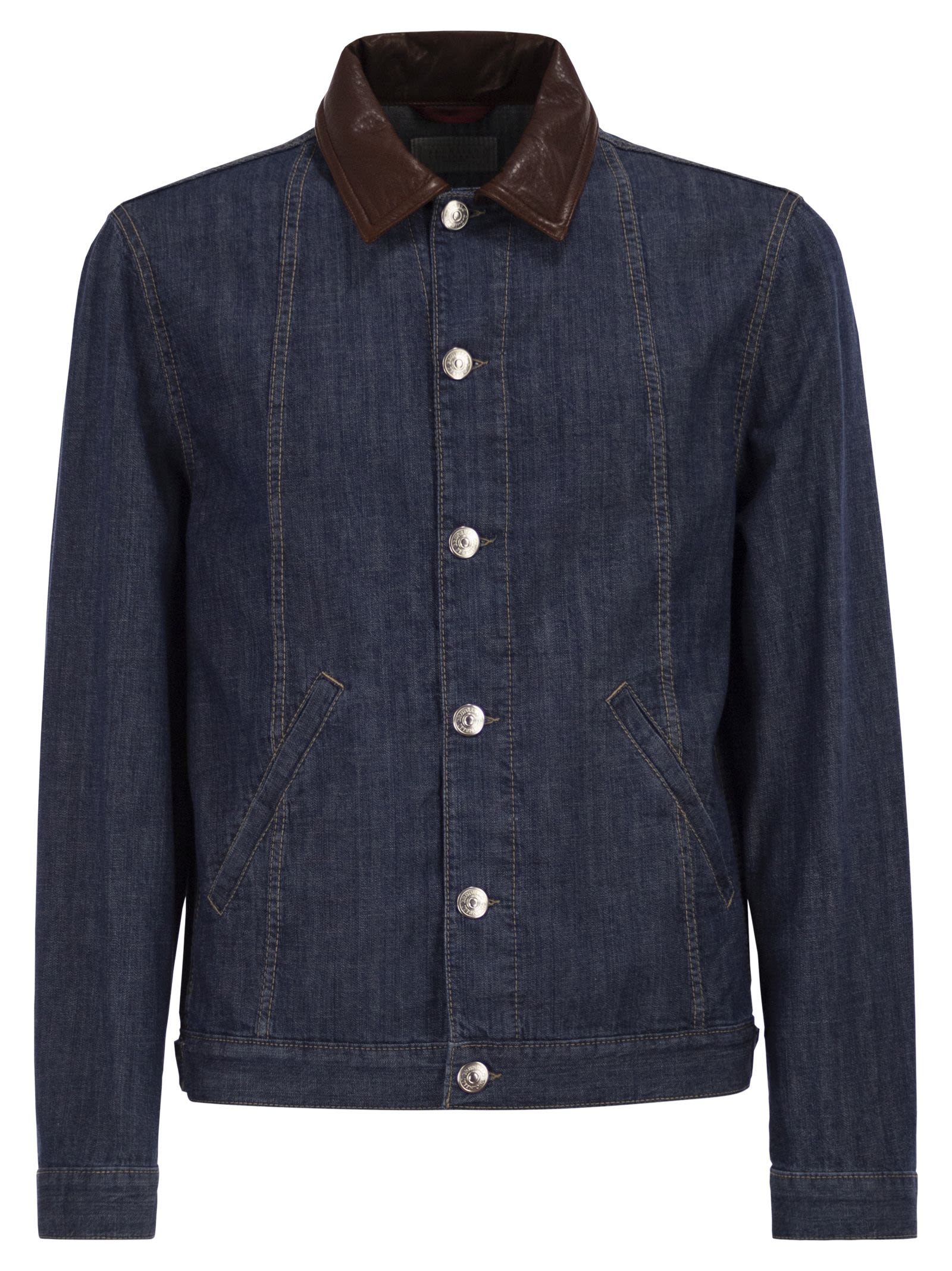 Brunello Cucinelli Men Lightweight Denim Jacket With Leather Collar BRUNELLO CUCINELLI