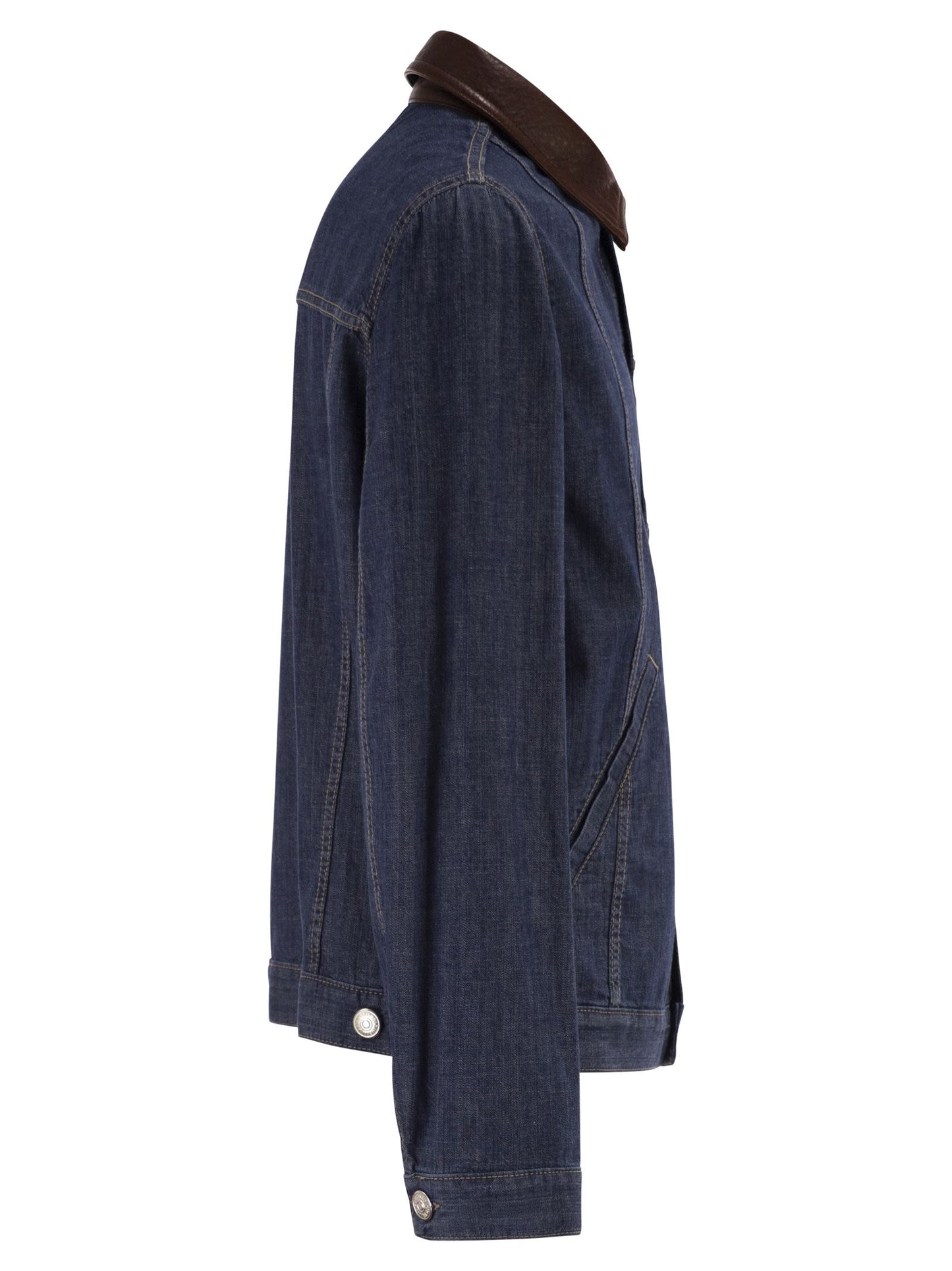 Brunello Cucinelli Men Lightweight Denim Jacket With Leather Collar BRUNELLO CUCINELLI