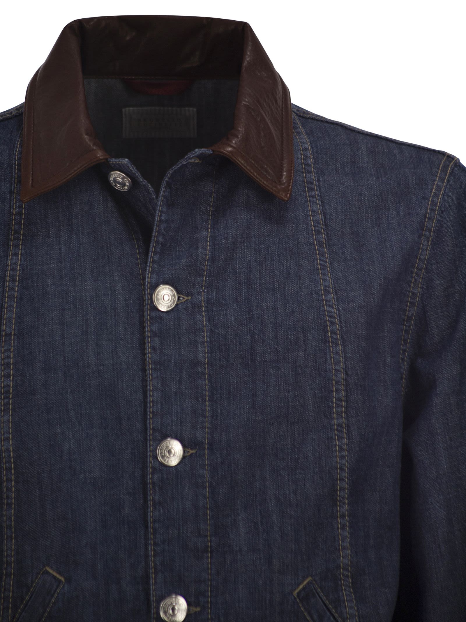 Brunello Cucinelli Men Lightweight Denim Jacket With Leather Collar BRUNELLO CUCINELLI