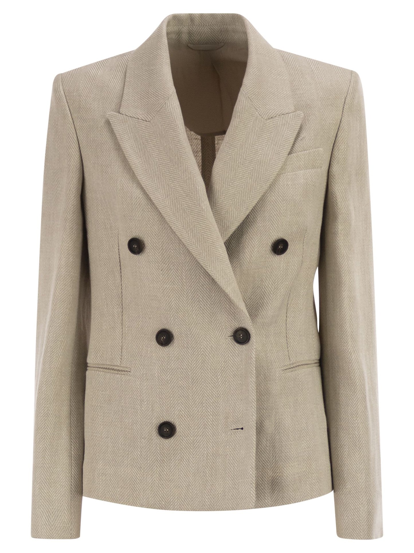Brunello Cucinelli Women Double-Breasted Jacket In Linen And Cotton With Chevron Pattern BRUNELLO CUCINELLI