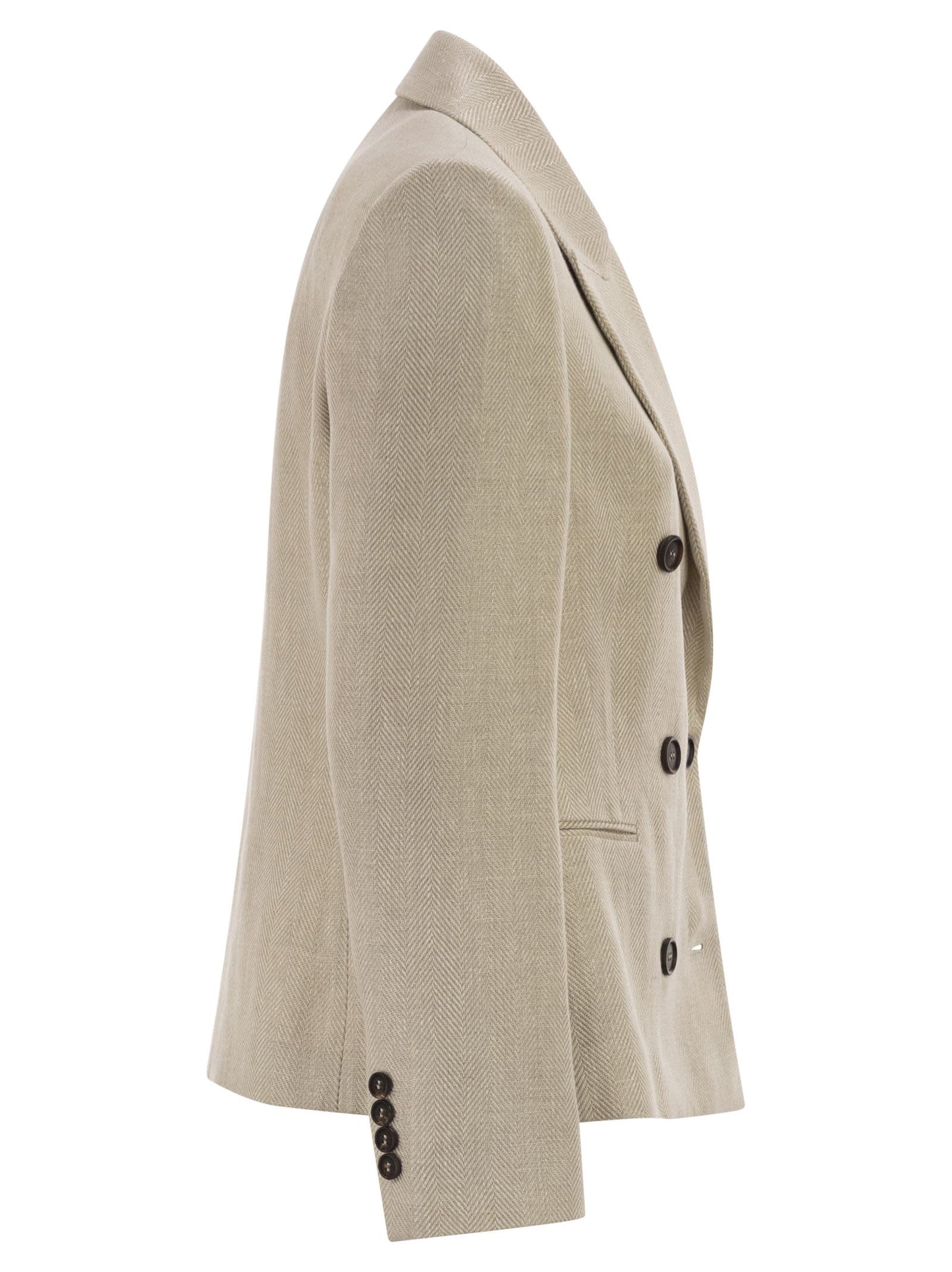 Brunello Cucinelli Women Double-Breasted Jacket In Linen And Cotton With Chevron Pattern BRUNELLO CUCINELLI