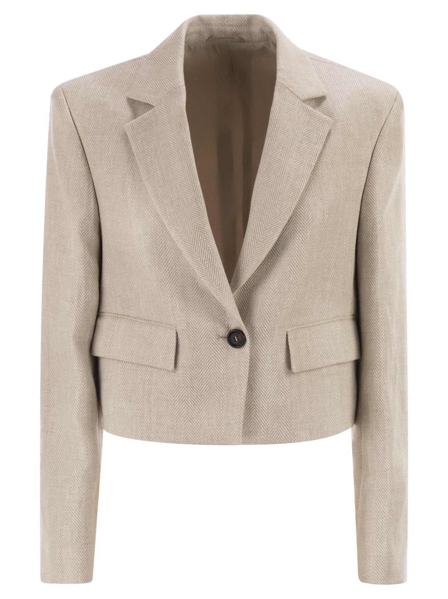 Brunello Cucinelli Women Chevron Linen And Cotton Crop Jacket With Necklace BRUNELLO CUCINELLI