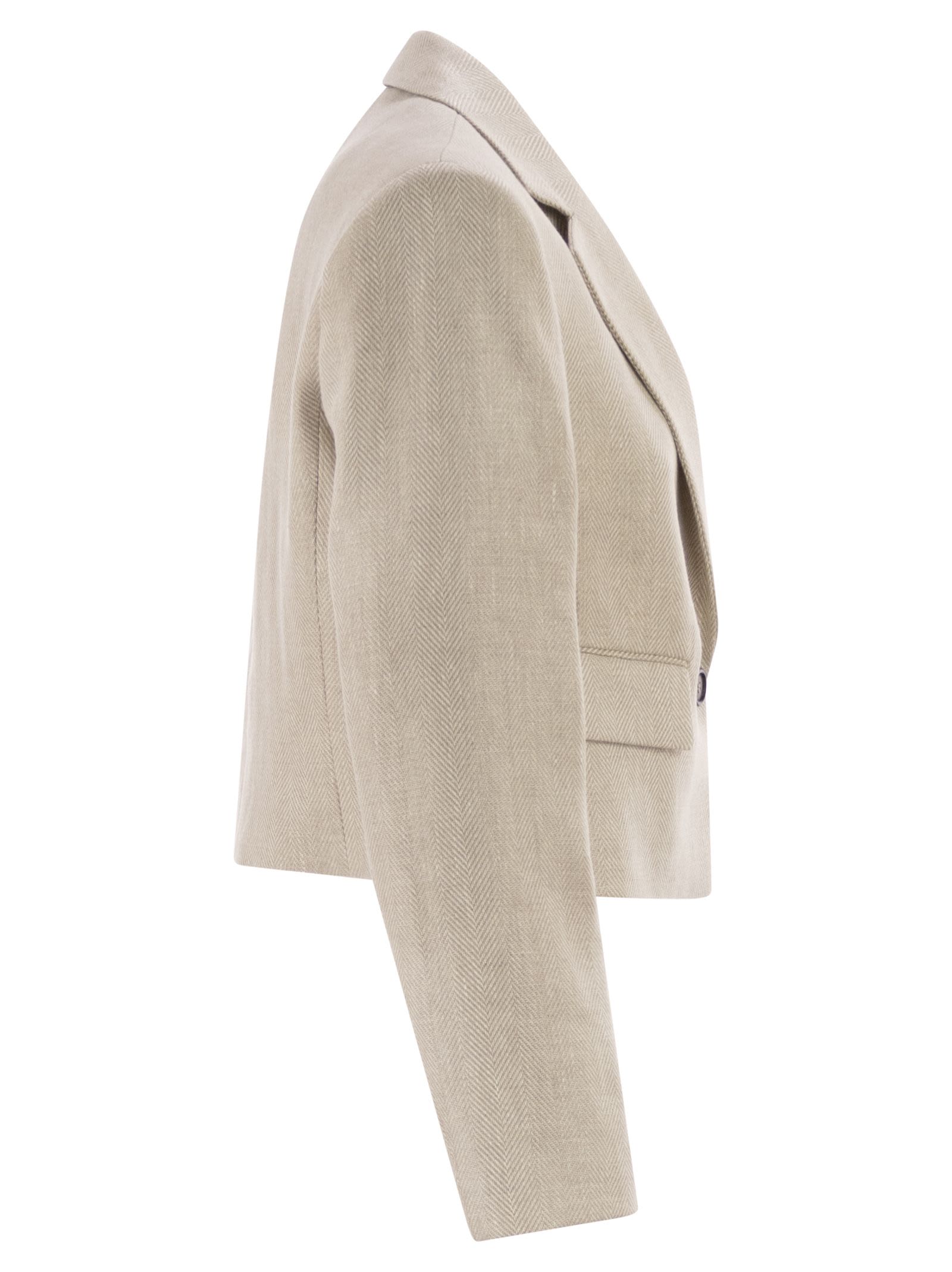 Brunello Cucinelli Women Chevron Linen And Cotton Crop Jacket With Necklace BRUNELLO CUCINELLI