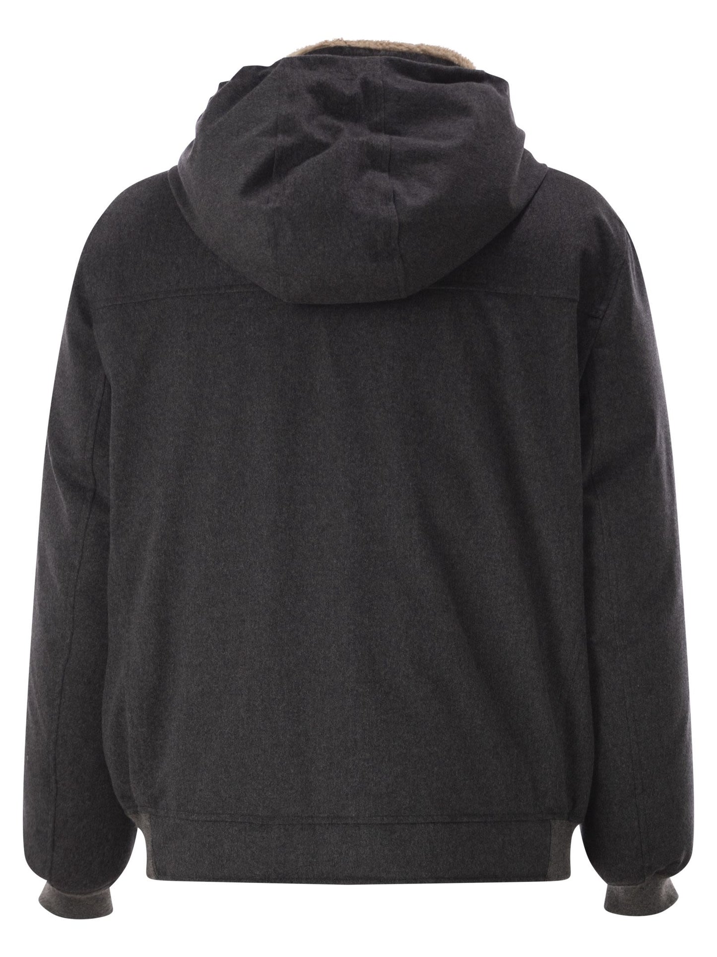 Brunello Cucinelli Men Membranated Wool Flannel Down Jacket With Shearling-Lined Collar BRUNELLO CUCINELLI