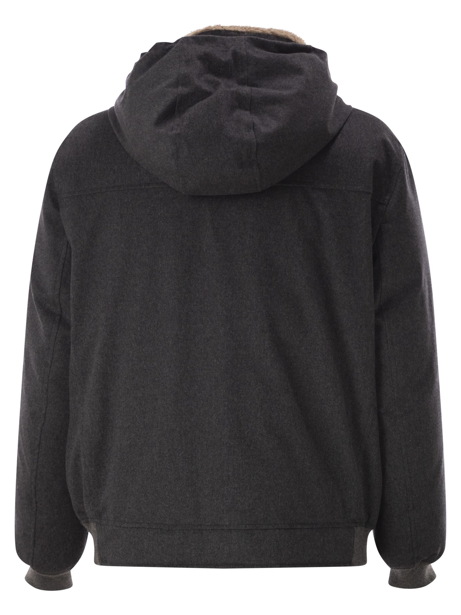 Brunello Cucinelli Men Membranated Wool Flannel Down Jacket With Shearling-Lined Collar BRUNELLO CUCINELLI