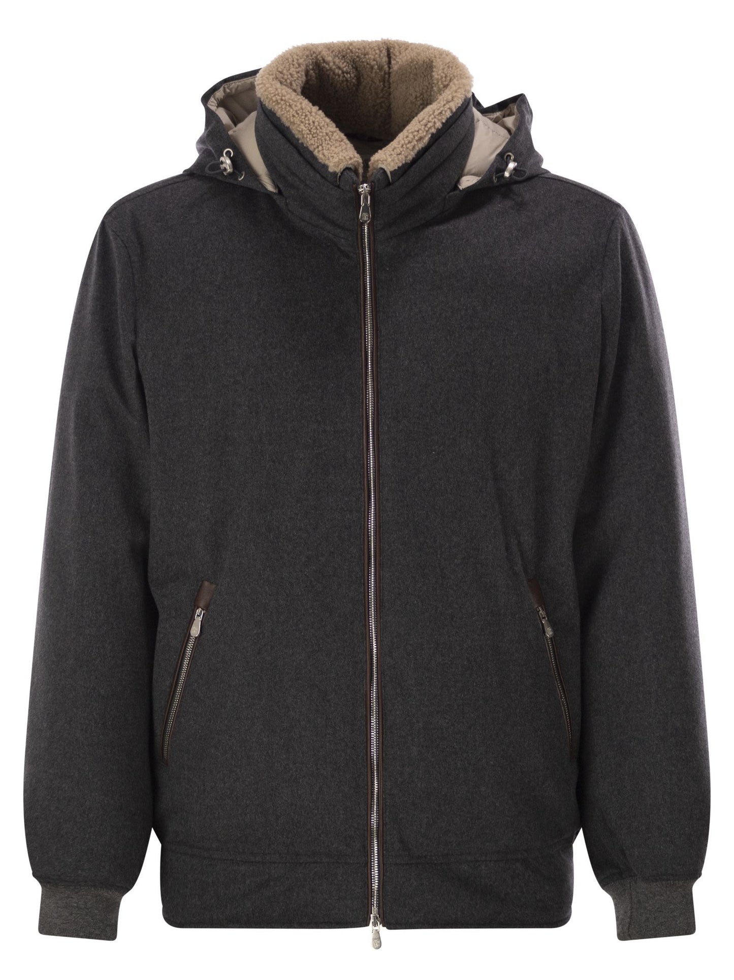 Brunello Cucinelli Men Membranated Wool Flannel Down Jacket With Shearling-Lined Collar BRUNELLO CUCINELLI