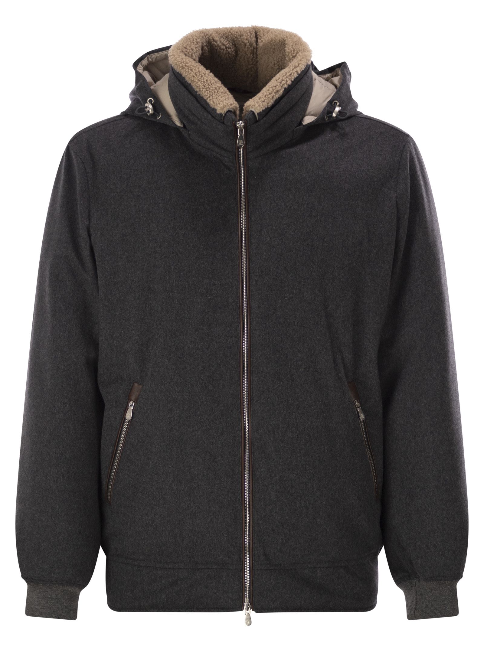 Brunello Cucinelli Men Membranated Wool Flannel Down Jacket With Shearling-Lined Collar BRUNELLO CUCINELLI
