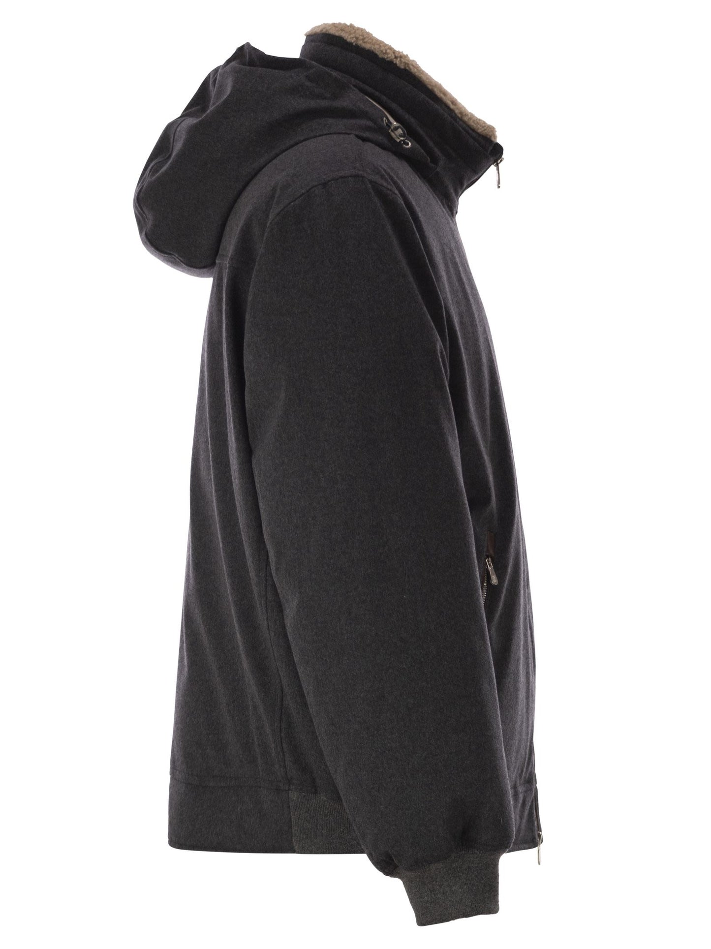 Brunello Cucinelli Men Membranated Wool Flannel Down Jacket With Shearling-Lined Collar BRUNELLO CUCINELLI