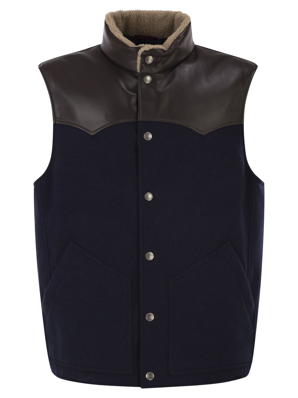 Brunello Cucinelli Men Wool Padded Gilet With Leather Trims And Shearling Collar BRUNELLO CUCINELLI