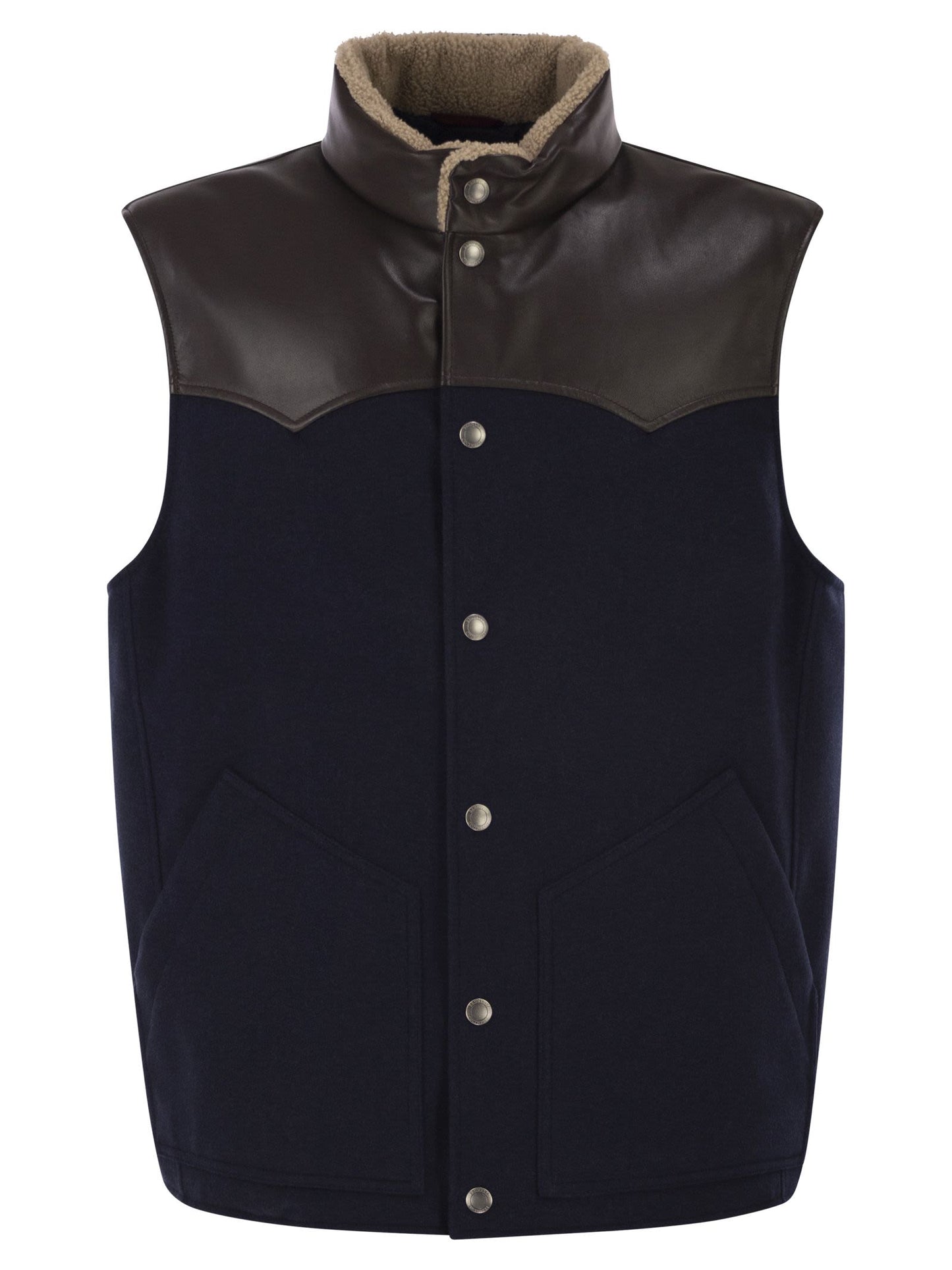 Brunello Cucinelli Men Wool Padded Gilet With Leather Trims And Shearling Collar BRUNELLO CUCINELLI