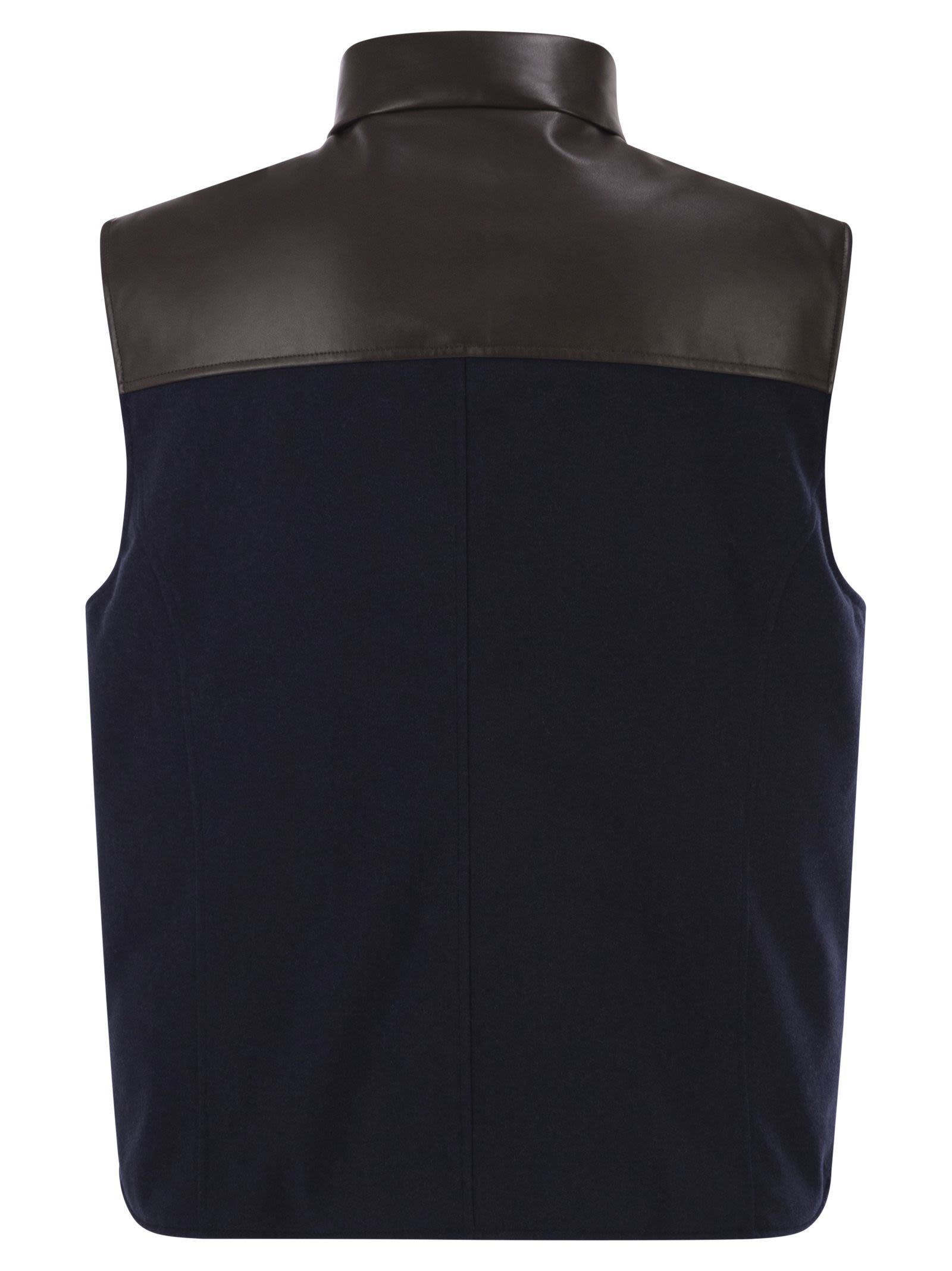 Brunello Cucinelli Men Wool Padded Gilet With Leather Trims And Shearling Collar BRUNELLO CUCINELLI