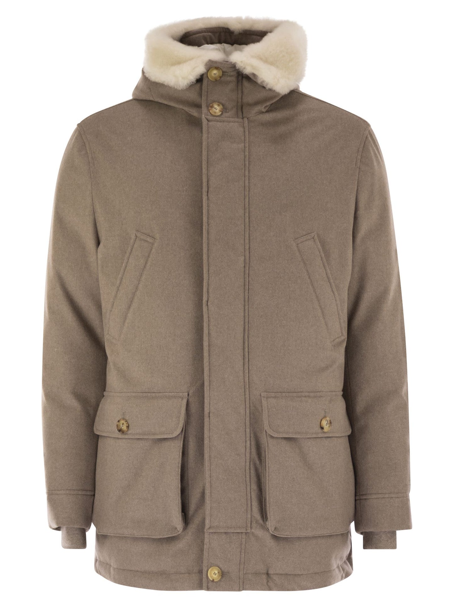 Brunello Cucinelli Men Wool Coat With Fur Collar BRUNELLO CUCINELLI