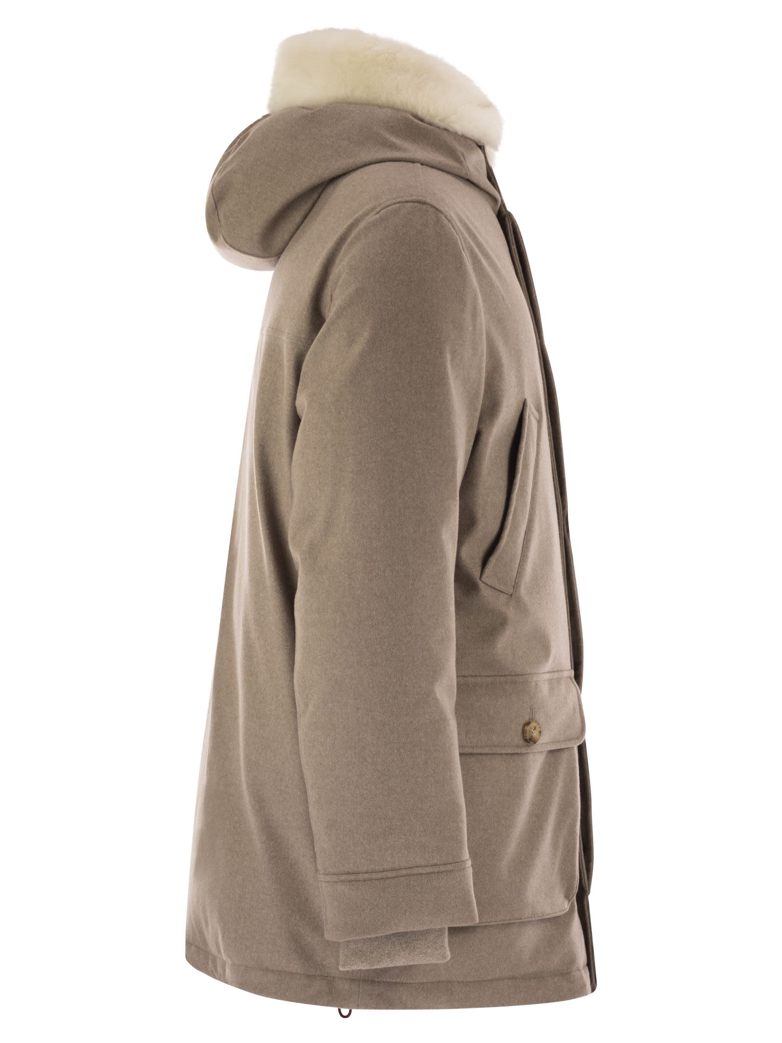 Brunello Cucinelli Men Wool Coat With Fur Collar BRUNELLO CUCINELLI